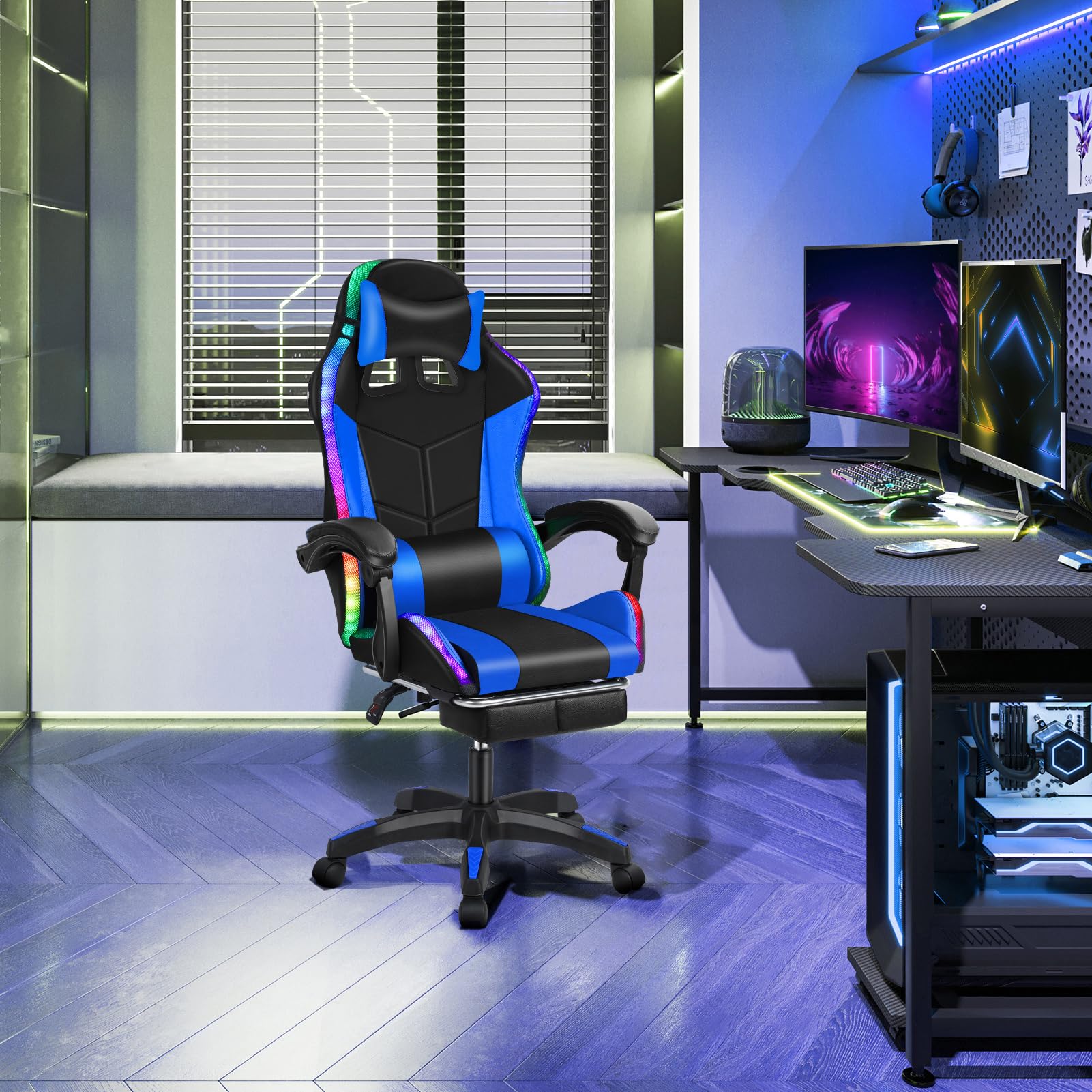 Premium Ergonomic Gaming Chair with Built-in Speakers & RGB LED Lights - Adjustable Height, Lumbar Support - Black & Blue - Perfect for PC Gaming, Streaming & Home Office Setup