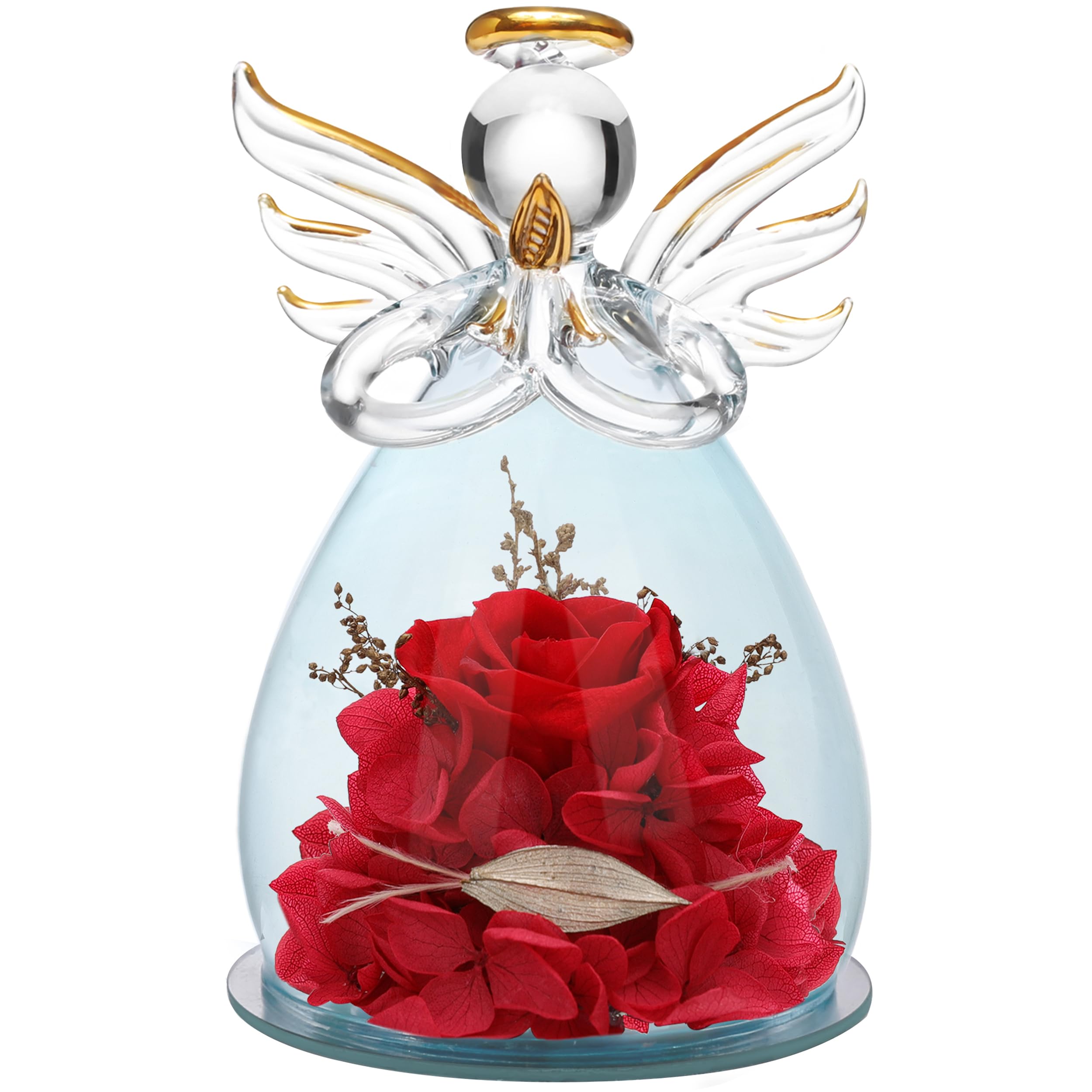 ANLUNOB Preserved Rose in Glass Dome - Eternal Rose Birthday Gift for Women, Mom, Grandma, Wife | Angel Figurine with Red Flowers for Anniversary, Wedding | Perfect Romantic Home Decor & Keepsake Gift