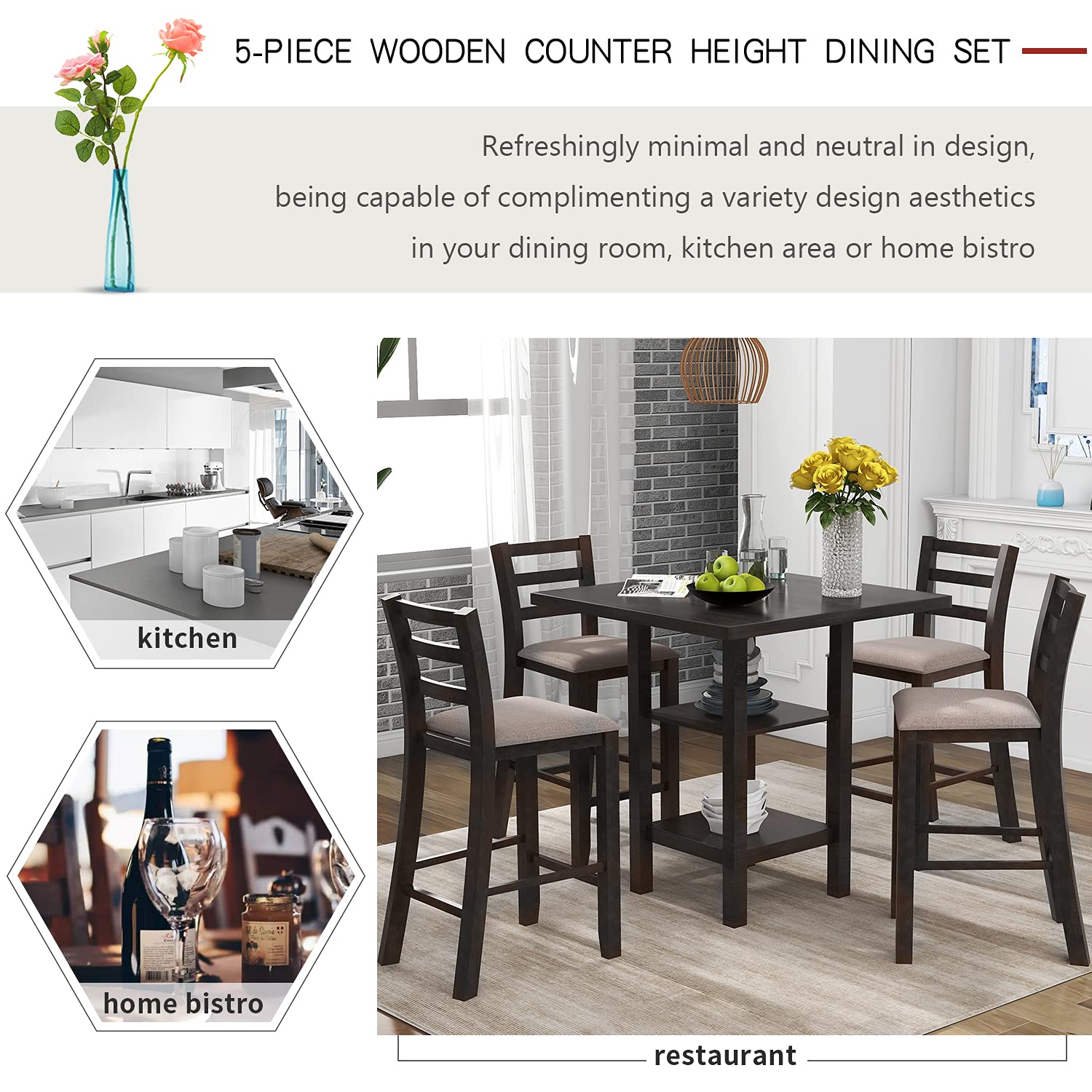 5-Piece Wooden Counter Height Dining Set - 35.5