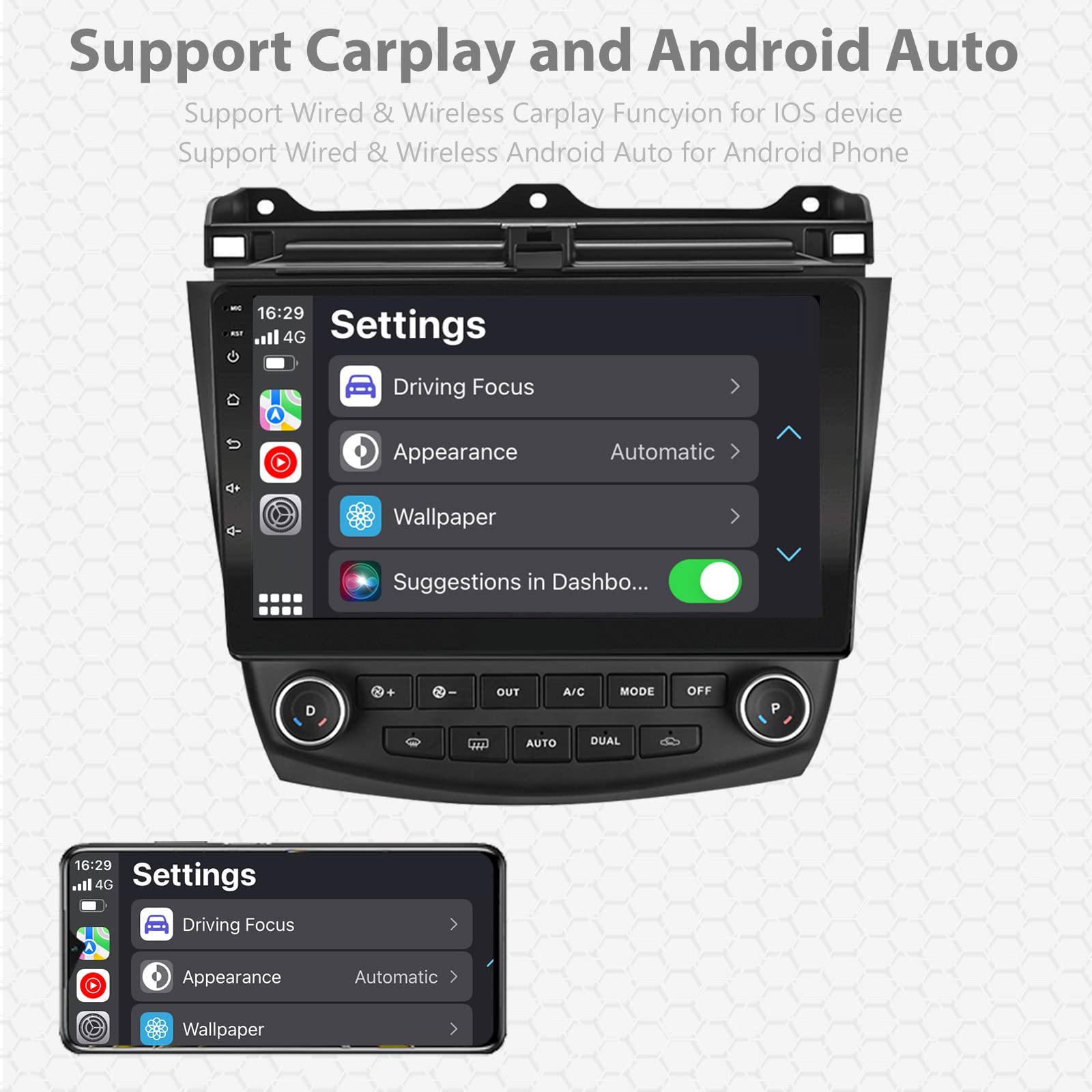 10.1 Inch Android 10.1 Car Stereo with 4G LTE, Octa-Core Processor, Apple CarPlay & Android Auto - HD Touchscreen Bluetooth Radio, 2GB RAM 32GB ROM for 2003-2007 Honda Accord 7th Gen | Perfect for GPS Navigation, Music Streaming & Hands-Free Calling