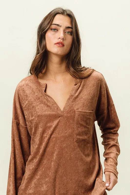 BiBi Loop Terry Solid V-Neck Pocket Top for Women - Soft Casual T-Shirt with Pocket - Perfect for Everyday Wear, Lounge, and Outings