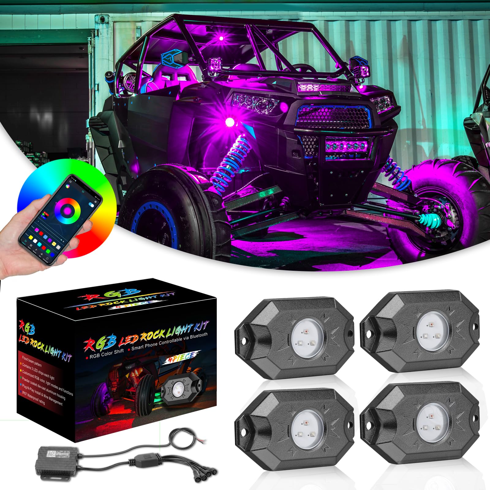 Niwaker 4 Pods RGB Rock Light Kit - Bluetooth Controlled Multicolor LED Underglow Lights for Trucks, UTVs, ATVs, SUVs, Boats (Polaris, Can-Am, Kawasaki) | Off-Road, Night Riding & Vehicle Customization