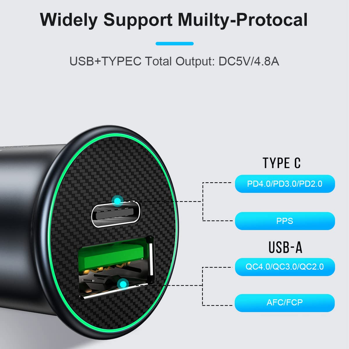 60W PD + 30W QC3.0 Fast Dual USB-C Car Charger Adapter - All-Metal Mini Cigarette Lighter Charger for iPhone 13/12/11 Pro Max, Samsung Galaxy - Perfect for Road Trips & Daily Commuting