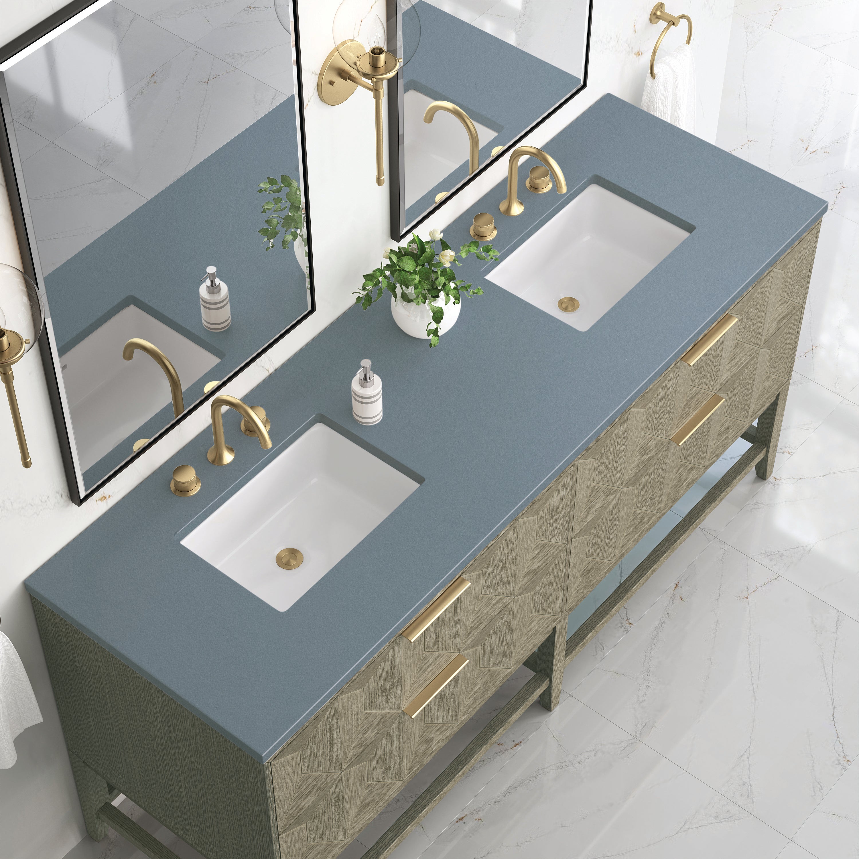 Emmeline 72 Inch Double Bathroom Vanity with Pebble Oak Finish & 3CM Cala Blue Quartz Top - Perfect for Master Bathroom Remodeling and Modern Home Decor