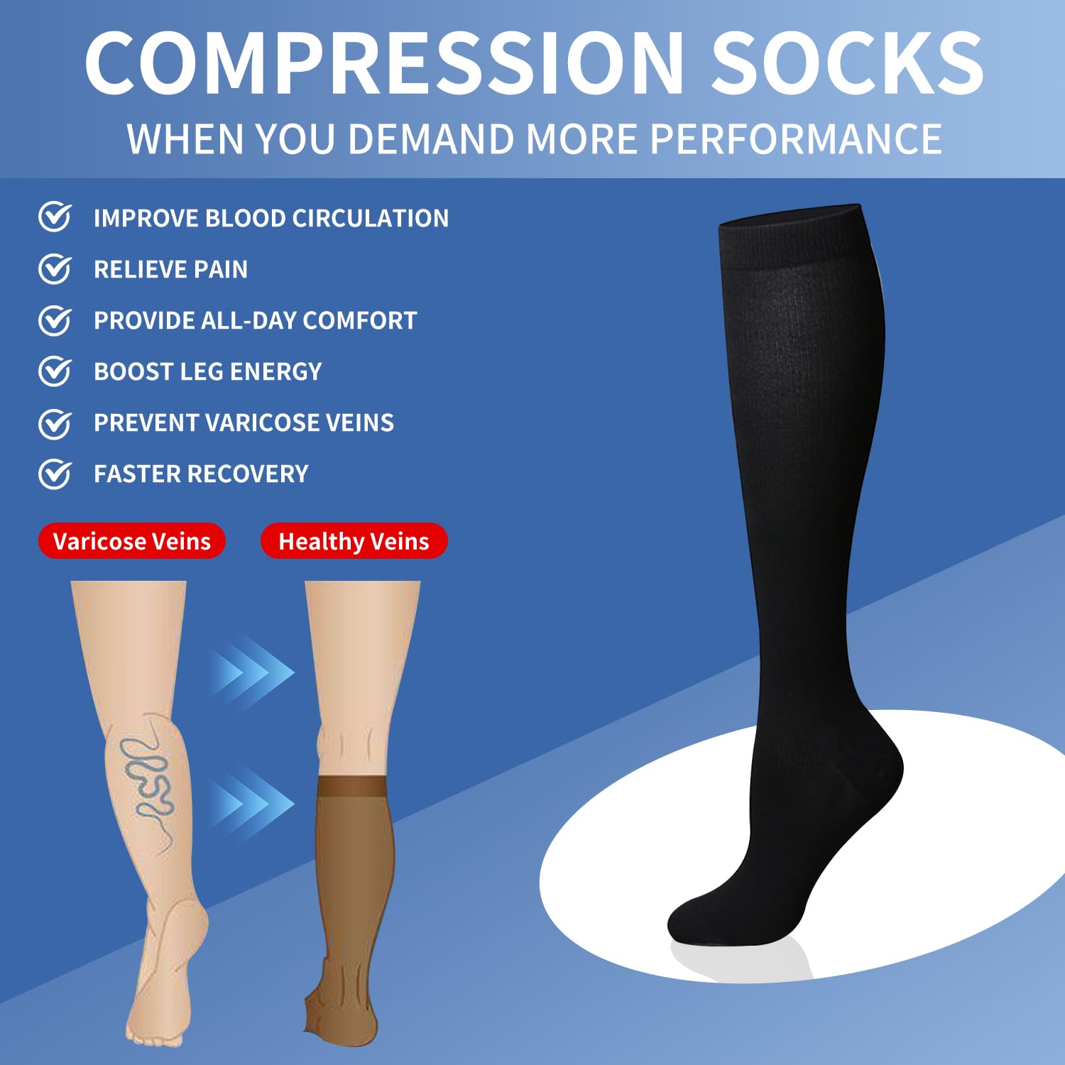 Best 15-20 mmHg Knee High Compression Socks for Women & Men - 3 Pairs Medical Support Stockings for Nurses, Running, Travel & Varicose Vein Relief