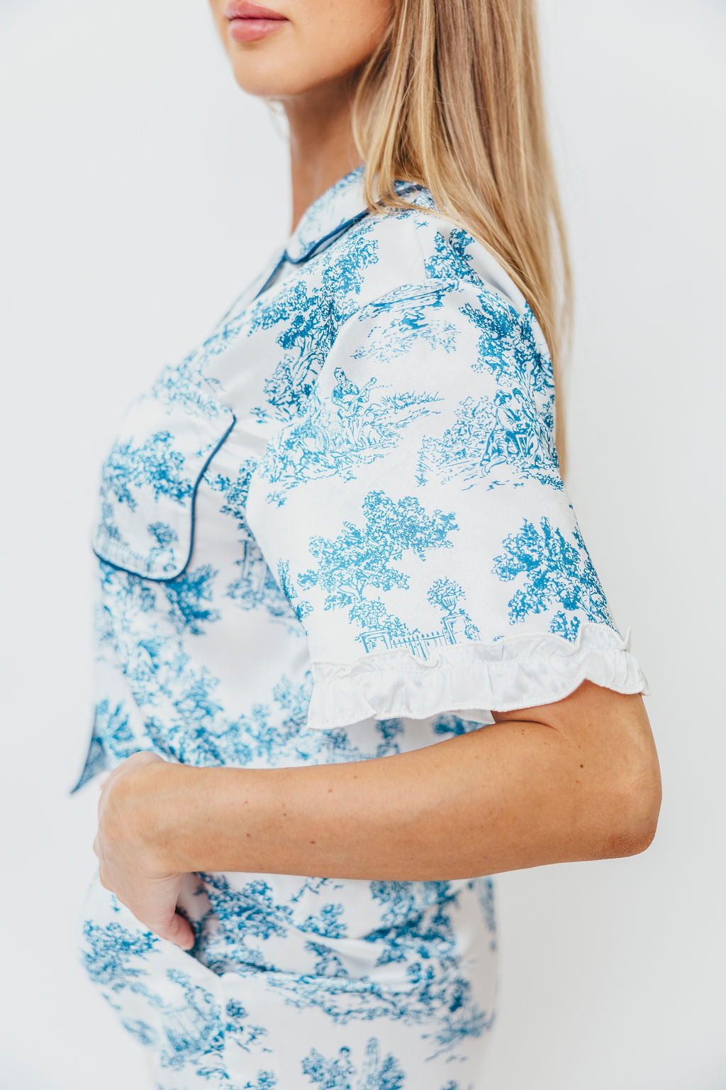 Jessamine Toile Satin Contrast Ruffle Detail Pajama Set - Blue & White Floral Sleepwear for Women | Perfect for Lounging, Sleepovers & Cozy Nights