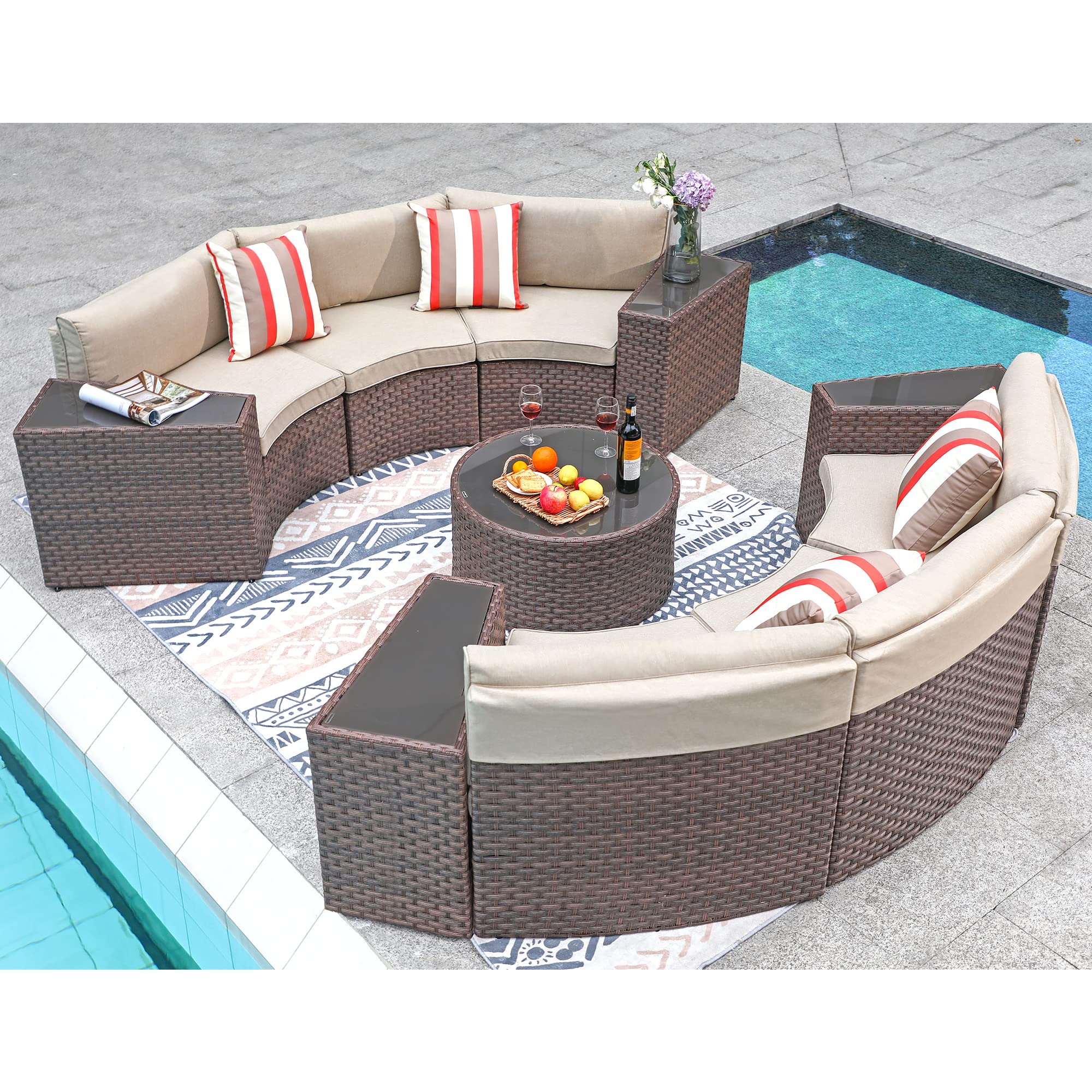 11-Piece Patio Furniture Set - Half Moon Outdoor Sectional Sofa with Round Coffee Table, Brown PE Wicker & Beige Cushions - Perfect for Backyard, Garden, Poolside & Patio Relaxation