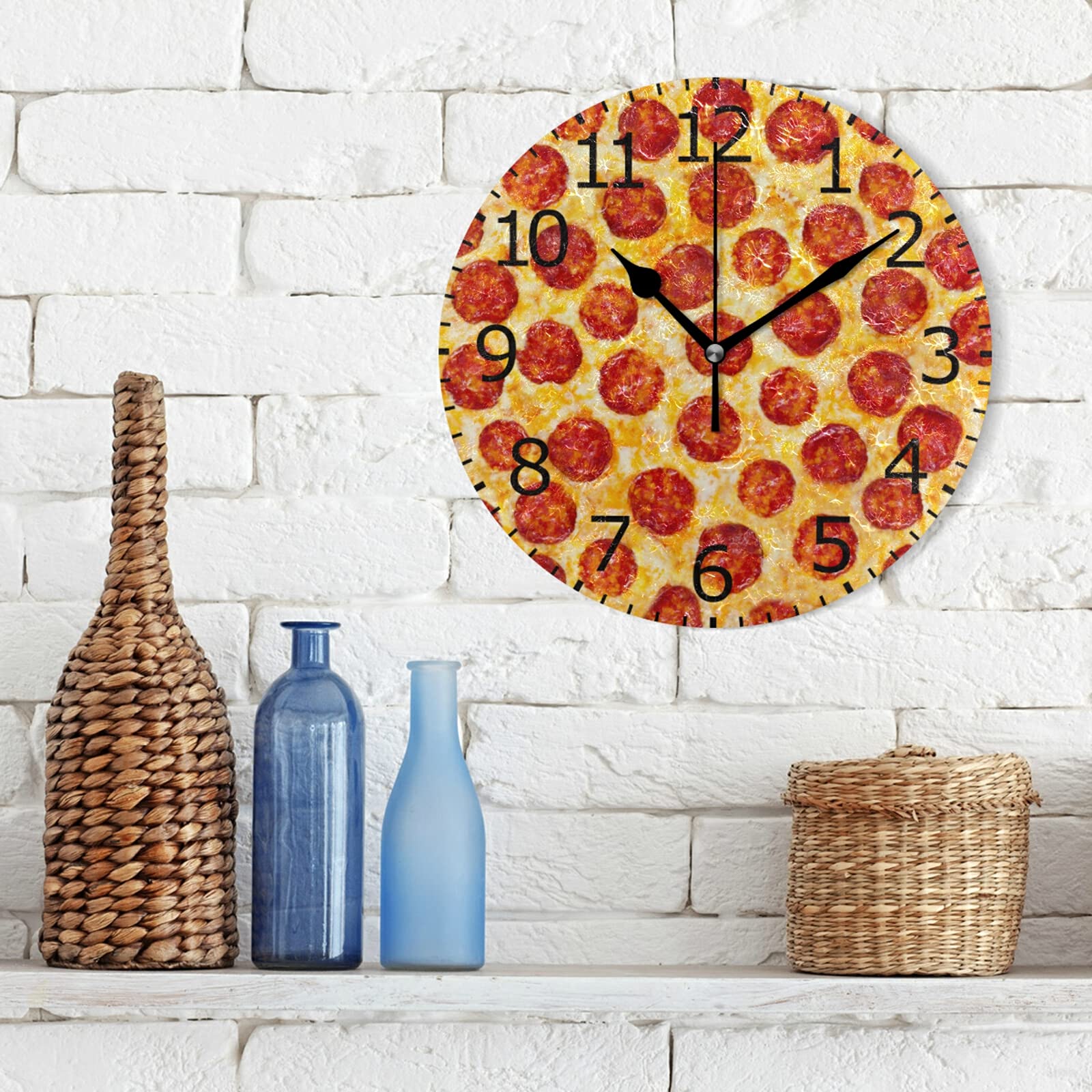 ALAZA Pepperoni Pizza Themed Acrylic Silent Non-Ticking Round Wall Clock - Perfect for Kitchen, Garage, Basement, Restaurant & Workshop Decor