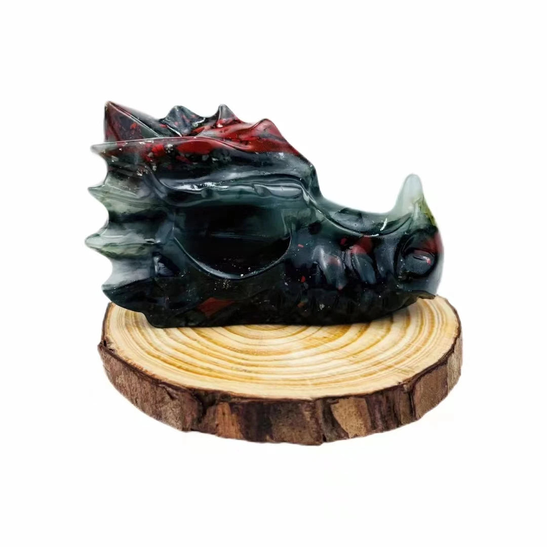 Hand-Carved Natural Crystal Dragon Skull Sculpture - Bloodstone Collectible Art Piece for Home Decor, Office Display & Unique Gift Idea