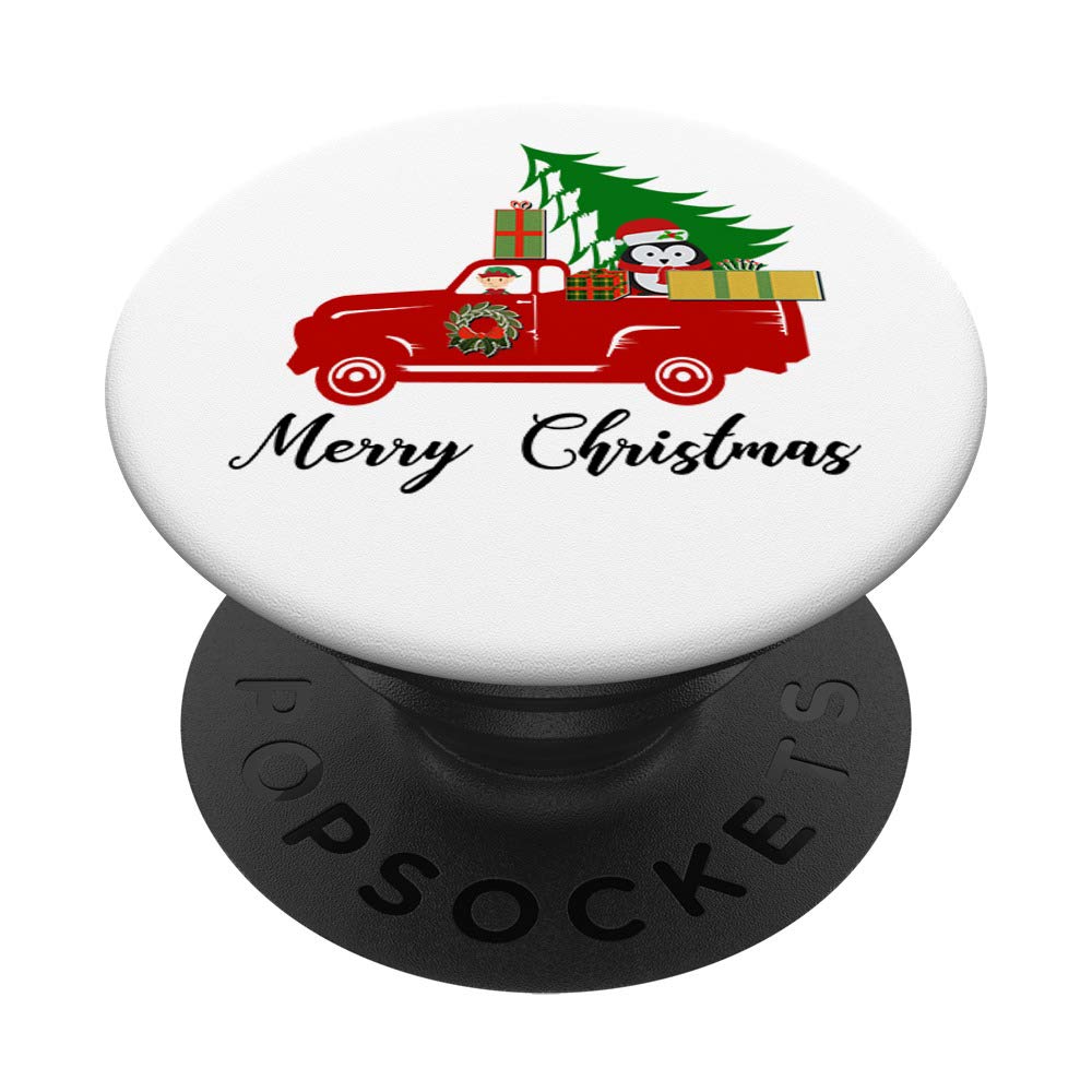 Christmas Penguin Elf Tree & Gifts on Red Truck - Festive Holiday Decor for Home, Office & Christmas Village Displays