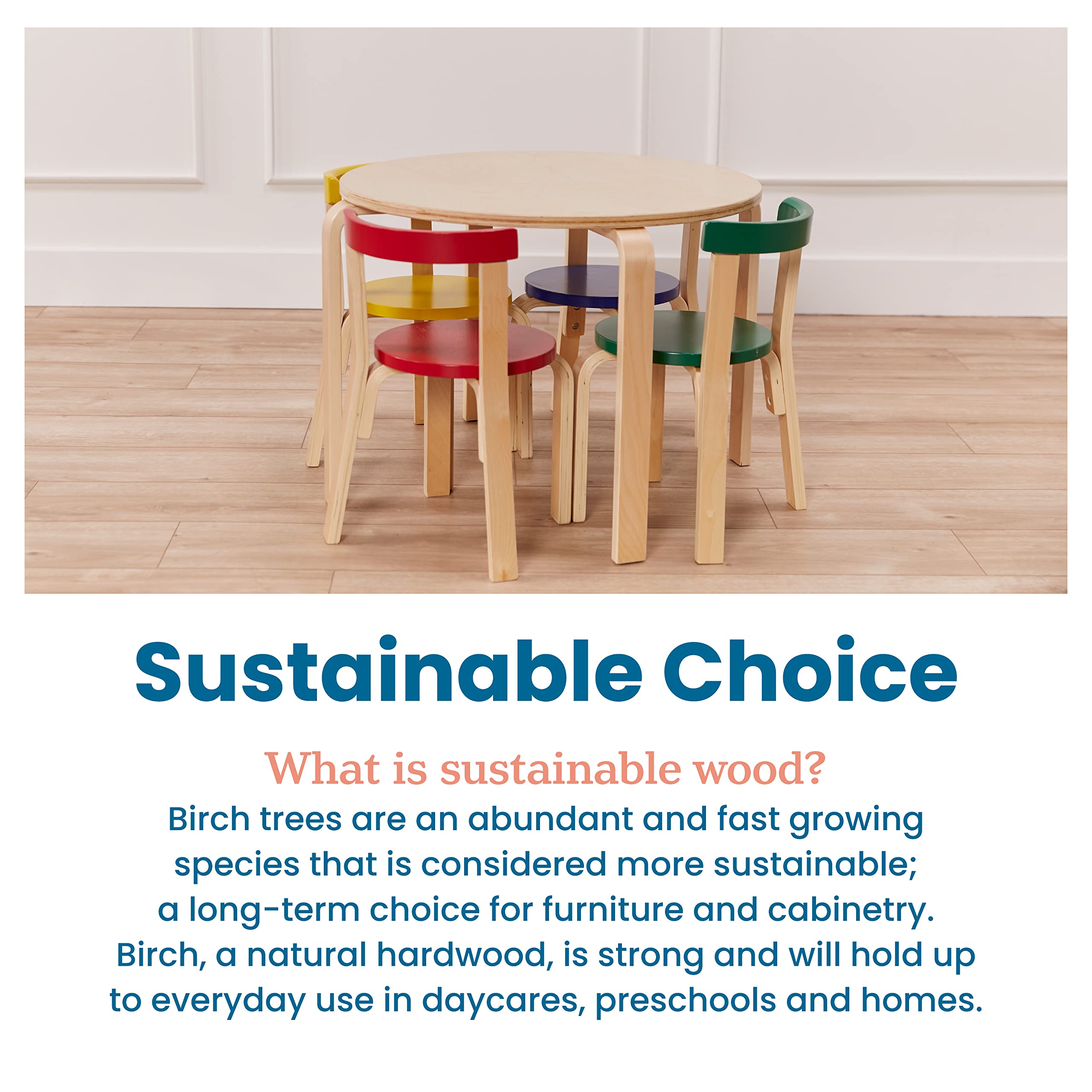 ECR4Kids Bentwood Round Table and Curved Back Chair Set - 5-Piece Kids Furniture for Classroom, Playroom & Daycare - Natural Wood Children's Table & Chairs for Learning & Play Activities