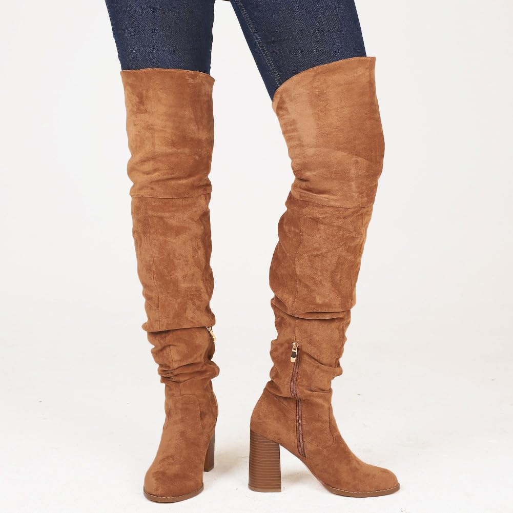 Mattiventon Women's Over The Knee Boots - Thigh High Block Heel Stretch Suede Chunky Boots with Zipper | Fashion Winter Boots for Casual Outfits, Party & Date Night