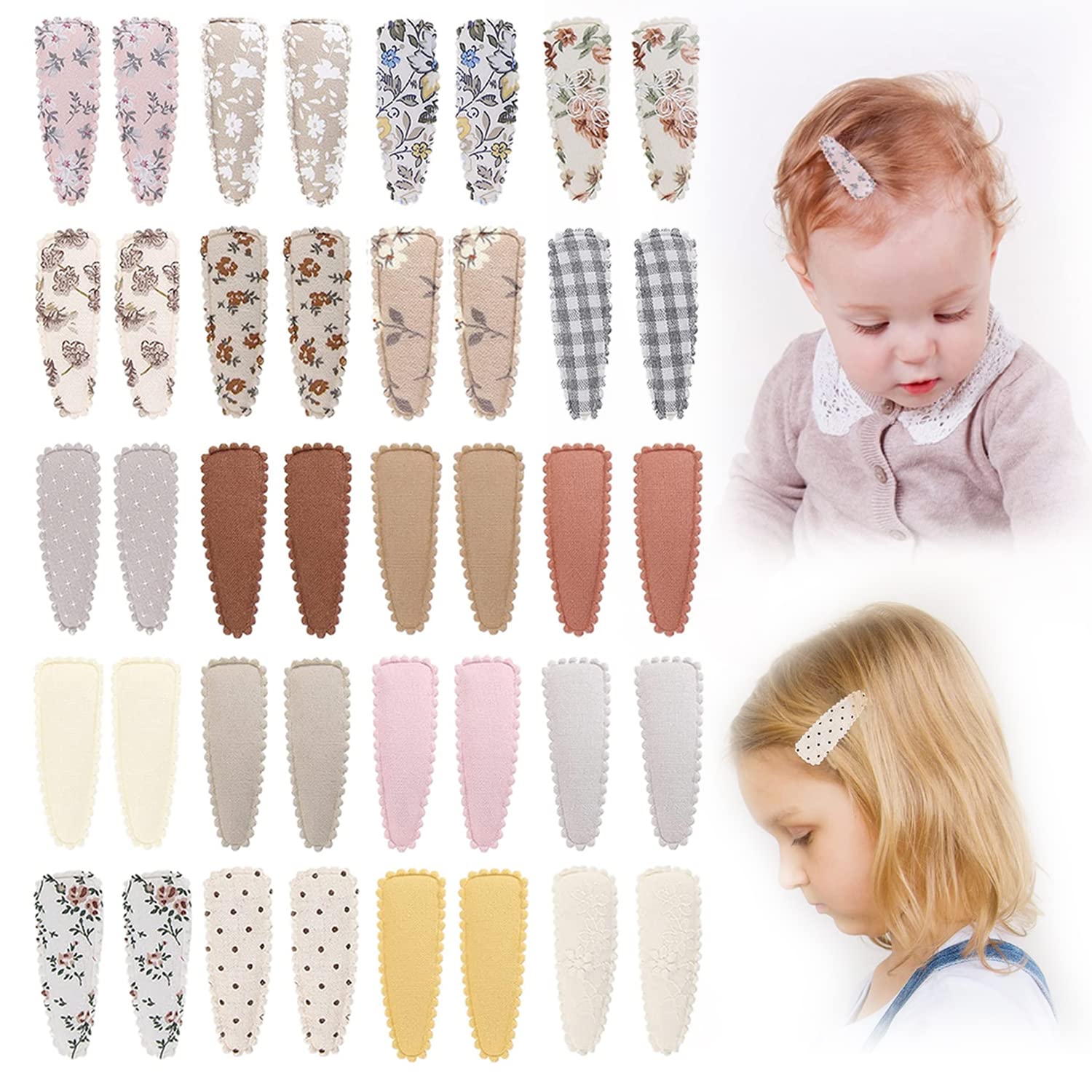 40pcs Baby Hair Clips with Floral Fabric Design - Snap Barrettes for Girls, Infants & Toddlers - Soft Hair Accessories for Everyday Use, Parties & Special Occasions