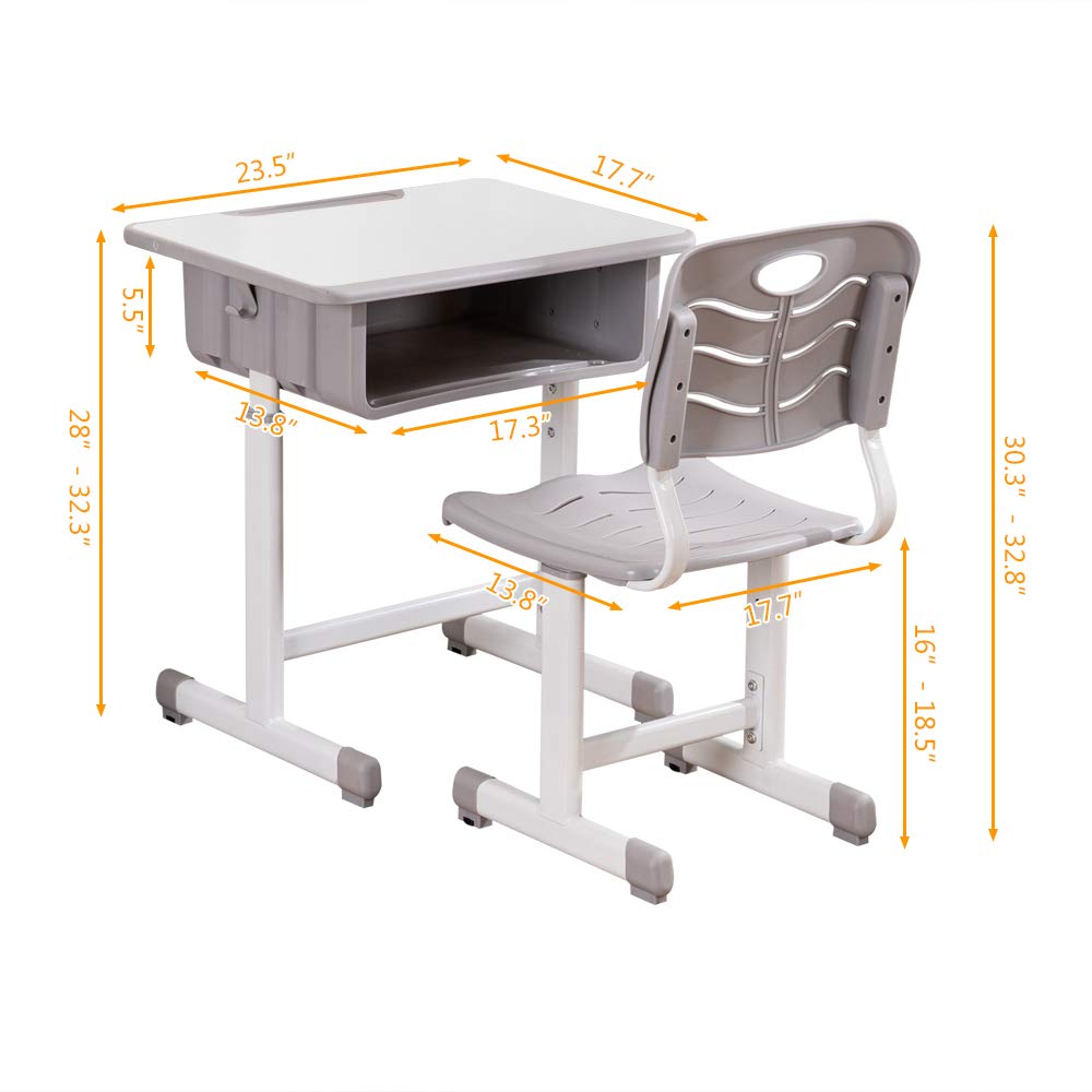 Adjustable Kids Study Desk and Chair Set with Storage Drawer, Pencil Grooves & Hooks - Ergonomic Children's Learning Workstation for Home School & Online Classes (Light Grey & White) - Perfect for Homework, Remote Learning & Craft Activities