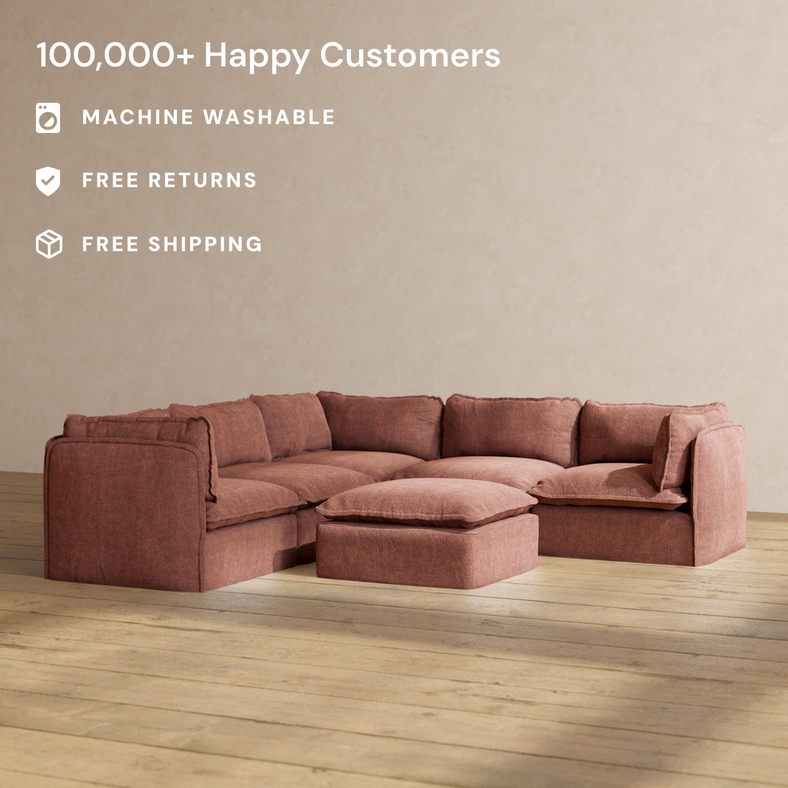 Modular Performance 5-Seater Corner Sectional Sofa with Ottoman in Chestnut Brown | L-Shaped Couch for Living Room | Premium Relaxed Blend Fabric | Perfect for Family Gatherings & Movie Nights