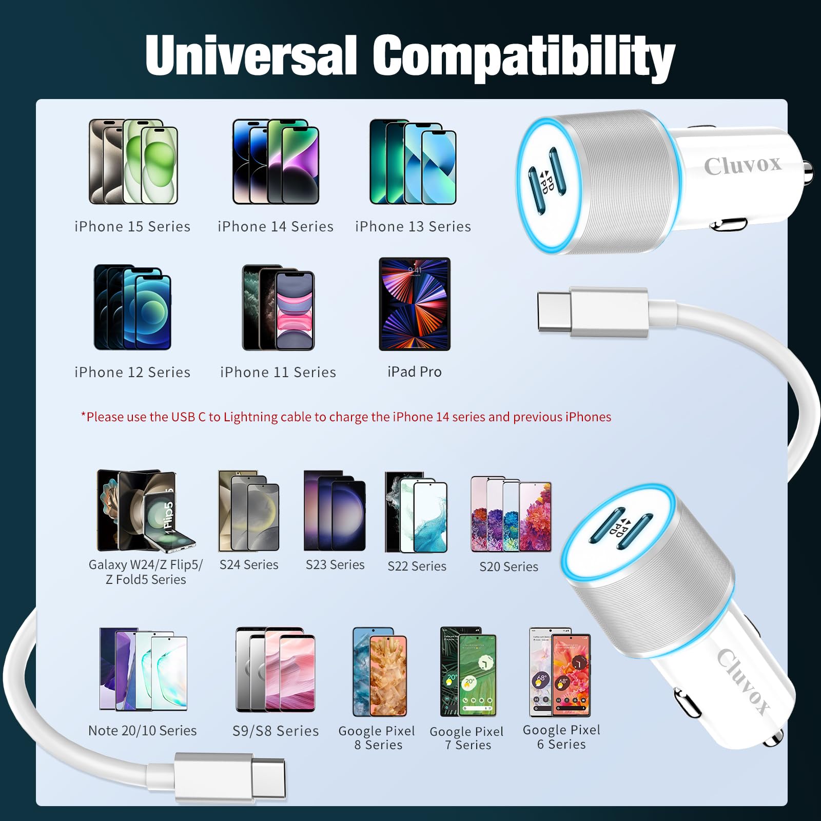 2 Pack 40W Fast USB C Car Charger Adapter - Dual 20W PD Ports with 3.3FT Type C Cable - Compatible with iPhone 16/15 Pro Max/Plus, Samsung Galaxy S25/S24 Ultra/S23/S22 - White - Perfect for Road Trips & Daily Commute Charging