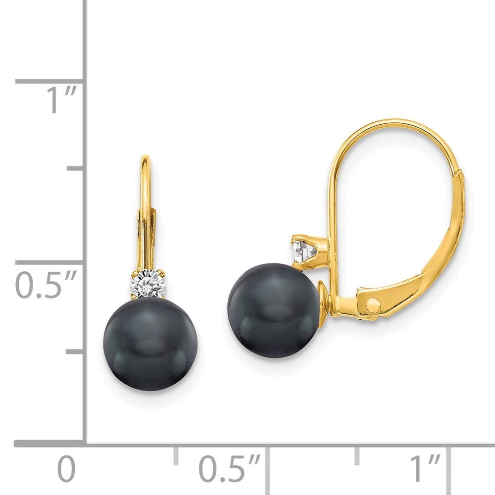 14K Gold 6mm Black Freshwater Cultured Pearl AA Diamond Leverback Earrings for Women - Elegant Dangle Earrings for Party, Wedding & Evening Occasions