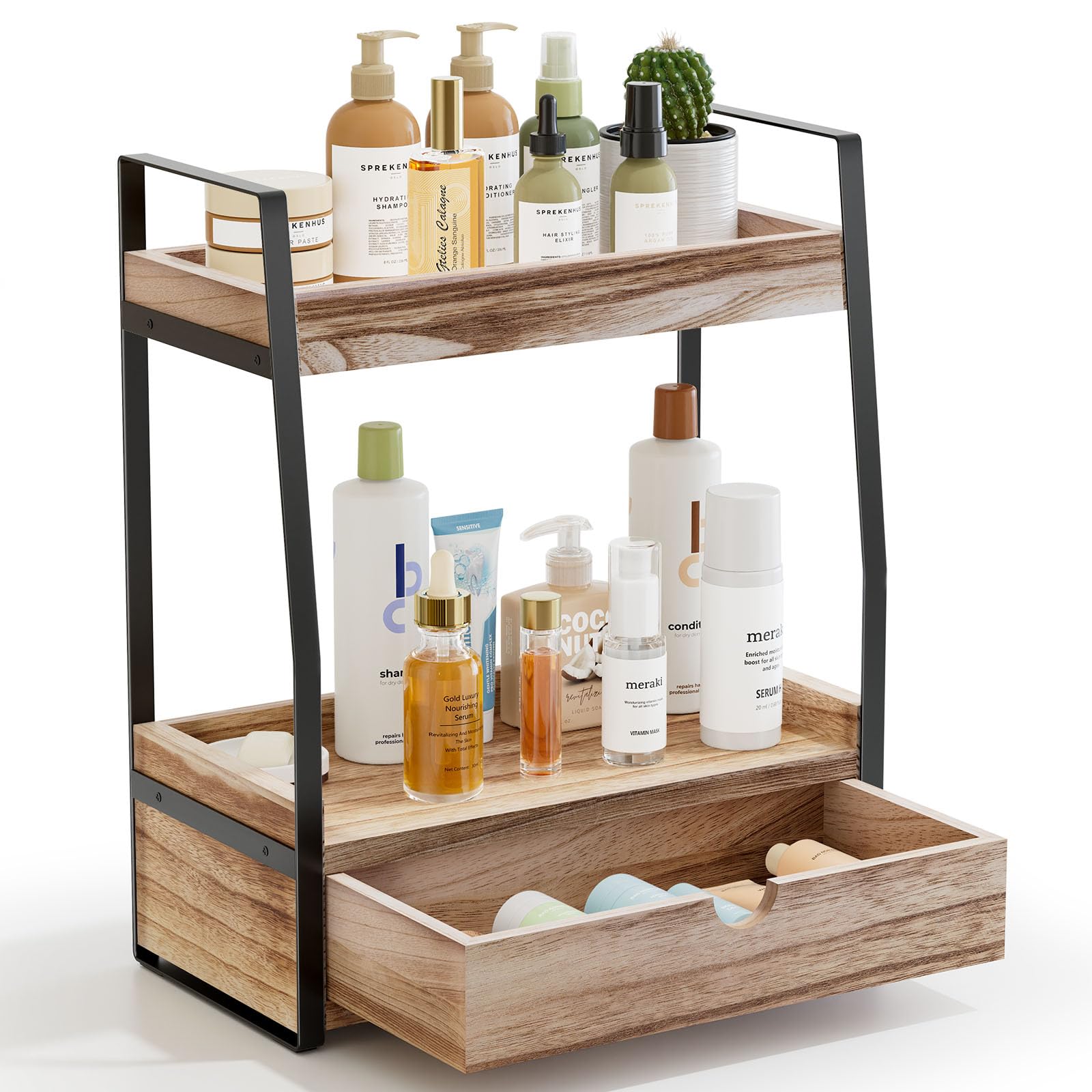 2-Tier Bathroom Counter Organizer with Drawer - Vanity Shelf Organizer for Makeup, Cosmetics & Toiletries - Space Saving Storage for Bathroom, Kitchen & Office - Rustic Brown Countertop Organizer (Perfect for Small Spaces & Clutter-Free Vanity)