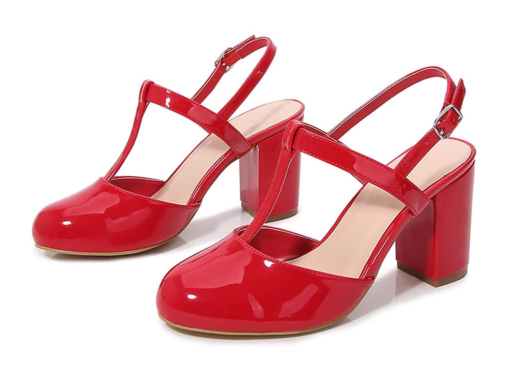 LizFoYa Women's Retro Patent Leather Chunky Heel Mary Jane Pumps - Comfortable T-Strap Block Heels with Almond Toe for Office, Party & Wedding (Slingback Design)