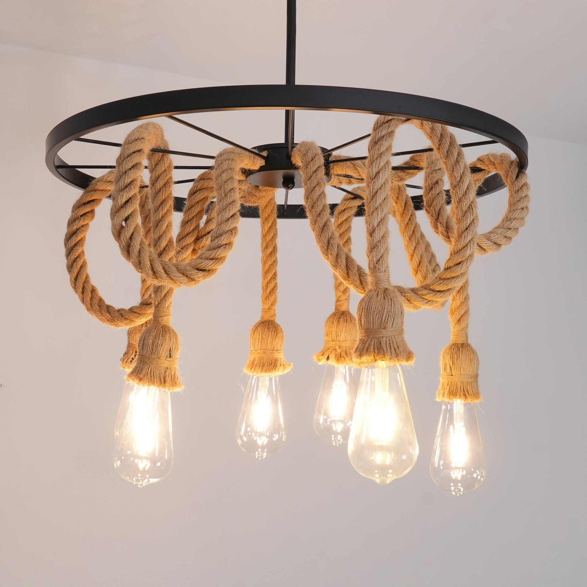 Industrial Hemp Rope Six-Light Chandelier - Rustic Farmhouse Ceiling Lighting Fixture for Dining Room, Living Room or Bedroom