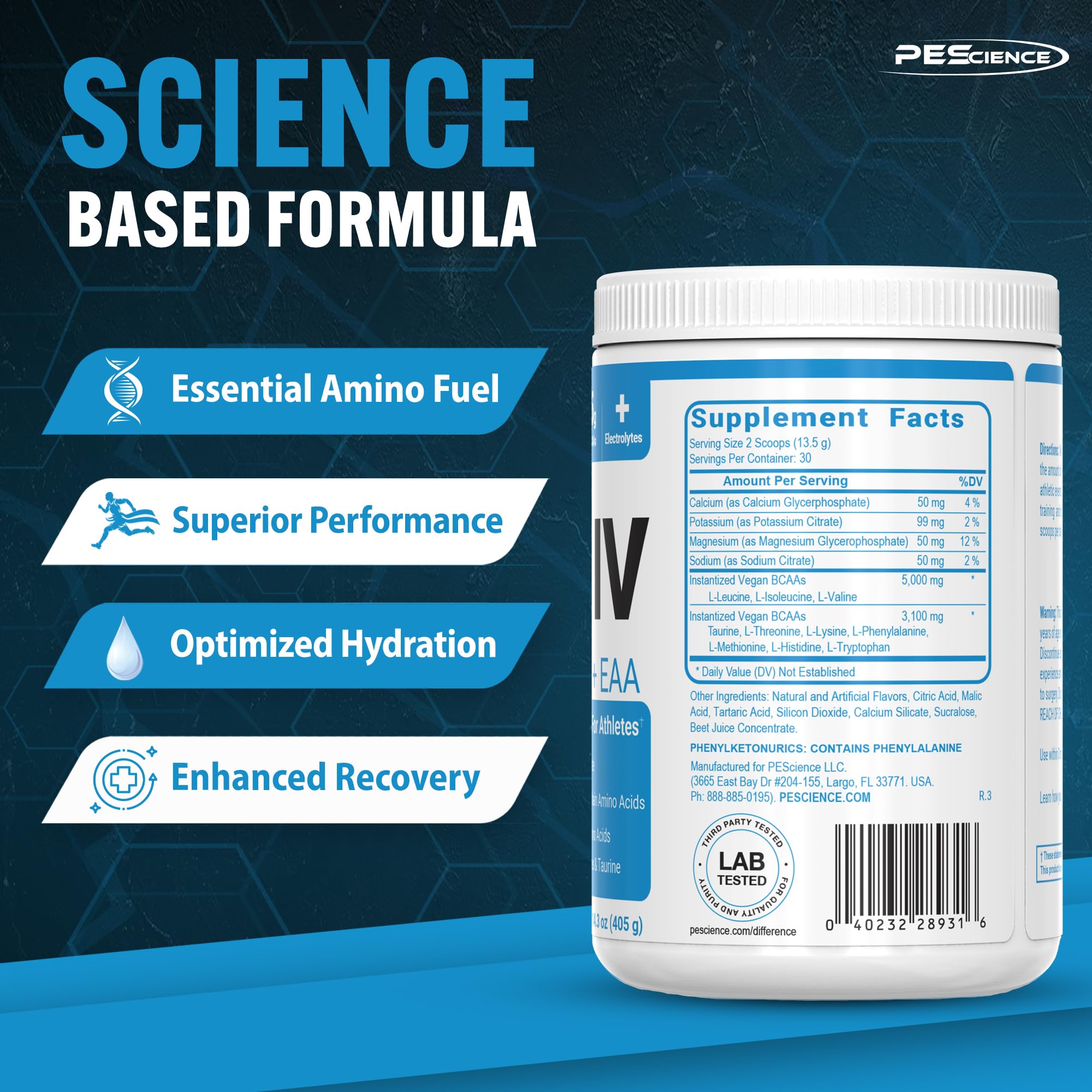 PEScience Amino IV BCAA & EAA Powder - Strawberry Lemonade Flavor, 60 Servings | Essential Amino Acids, Taurine & Electrolytes for Hydration & Muscle Recovery | Sugar-Free Supplement for Men & Women | Perfect for Post-Workout Recovery & Active Lifestyle
