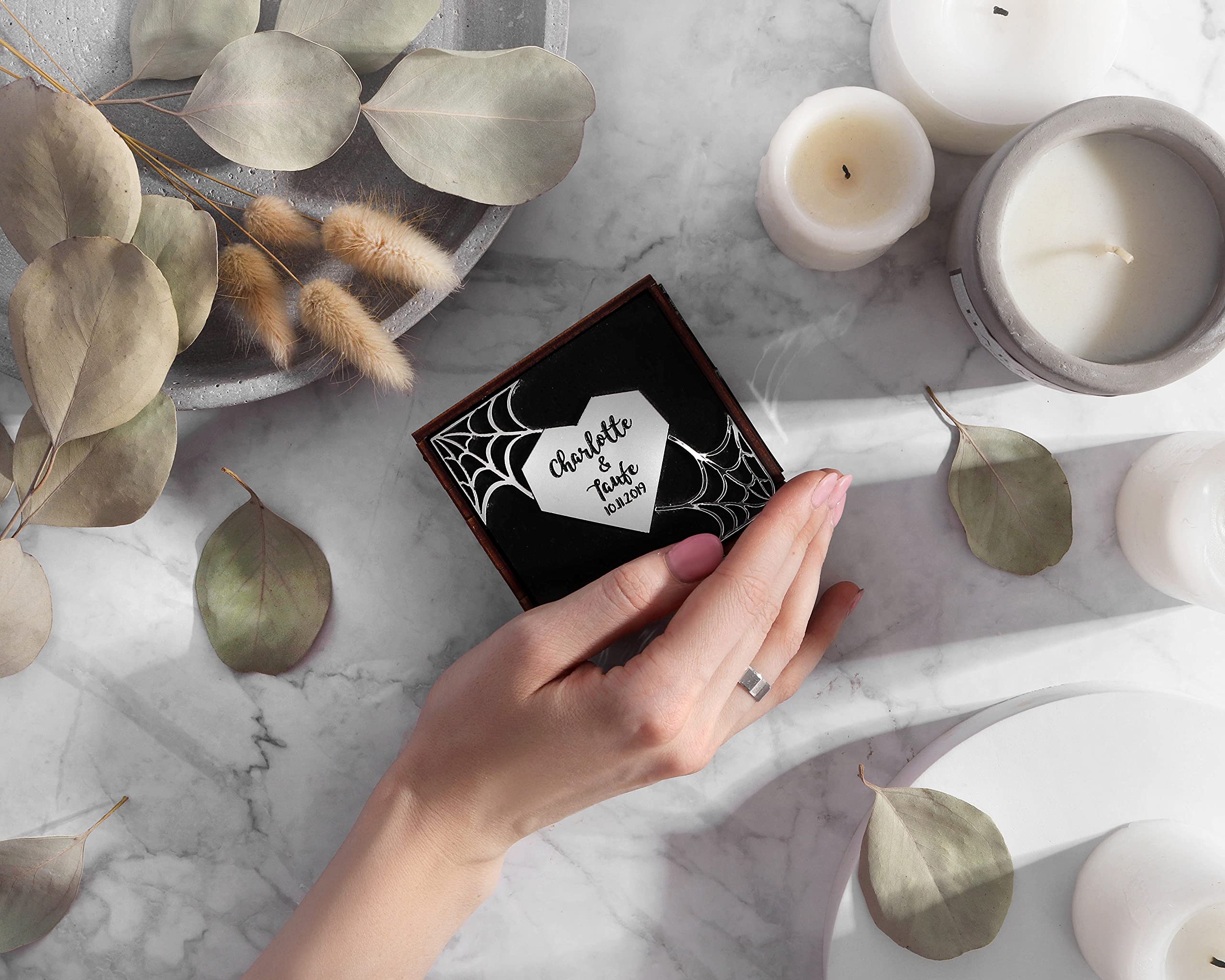 Gothic Wooden Cobweb Ring Box for Halloween Wedding - Elegant Ring Bearer Box with 'Til Death Do Us Part' Engraving - Perfect for Gothic Wedding Decorations & Spooky Reception Decor