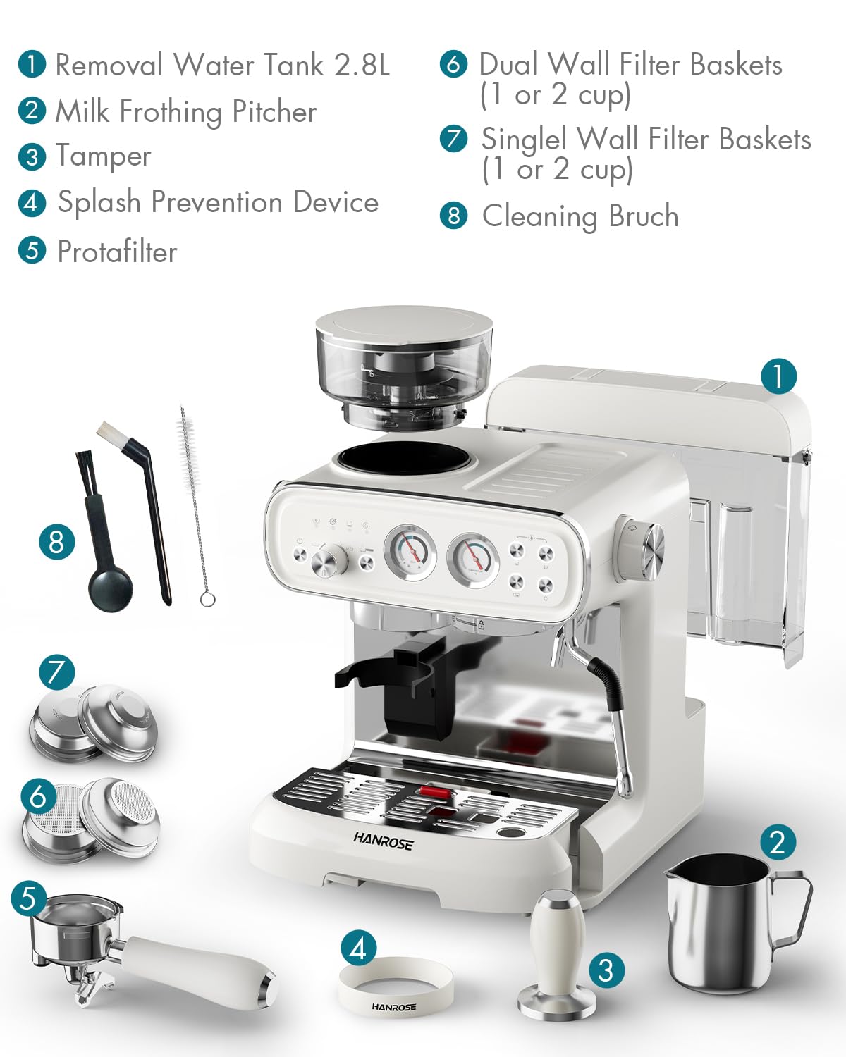 Premium 20 Bar Espresso Machine with Built-in Grinder & Milk Frother - Professional Home Coffee Maker for Latte, Cappuccino & Espresso - Perfect for Kitchen, Office & Coffee Shop Use