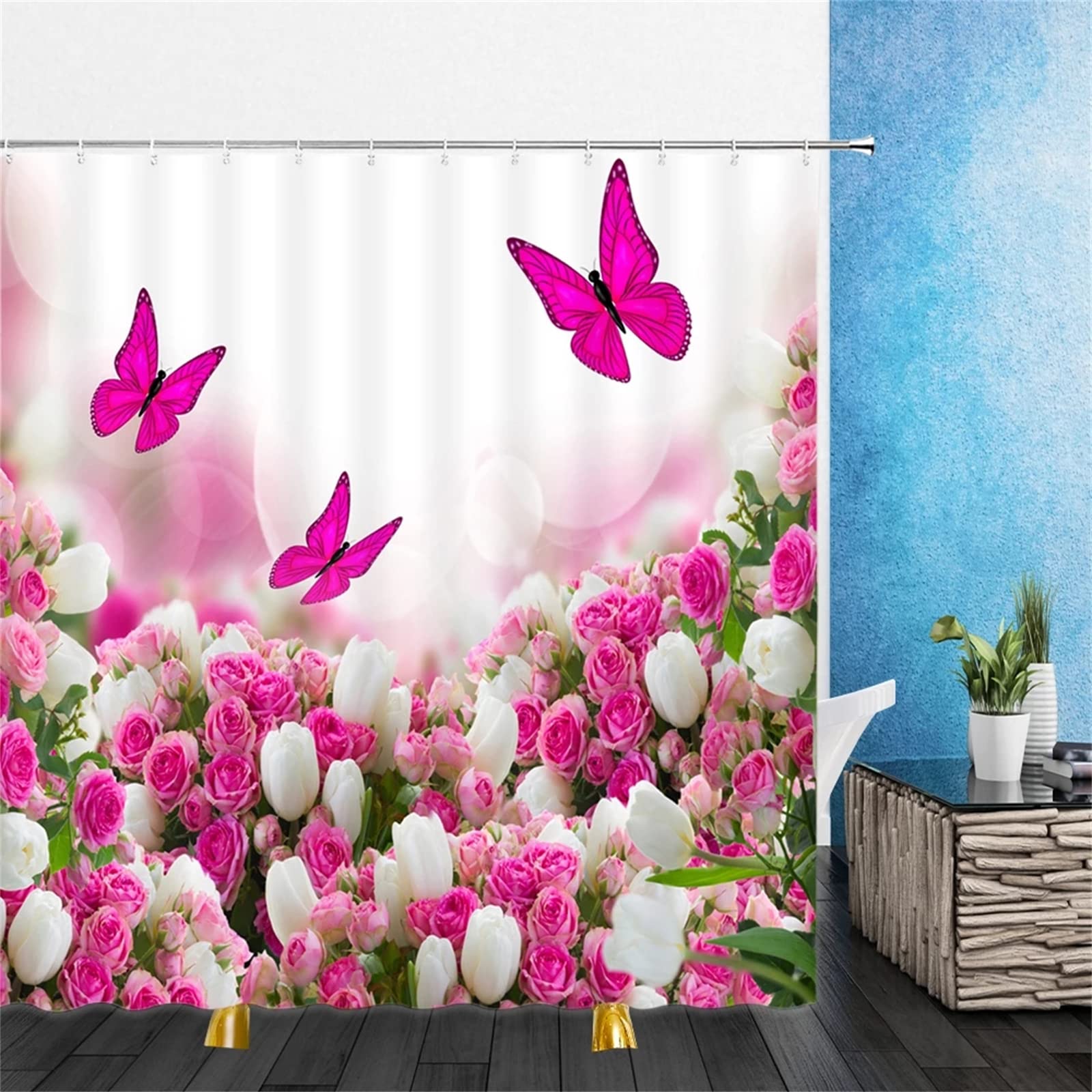 Pink Floral Butterfly Waterproof Shower Curtain Set with Hooks - 60x72 Inch Polyester Fabric Bathroom Curtain for Bathtub Decor, Washable & Durable - Perfect for Modern, Vintage or Boho Style Bathrooms