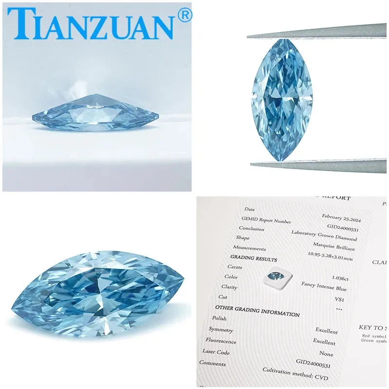 1ct VS1 Lab Grown Marquise Cut CVD Diamond - Fancy Intense Blue Color, 2EX Cut, Loose Gemstone with GEMID Certification | Perfect for Engagement Rings, Wedding Bands & Fine Jewelry Making