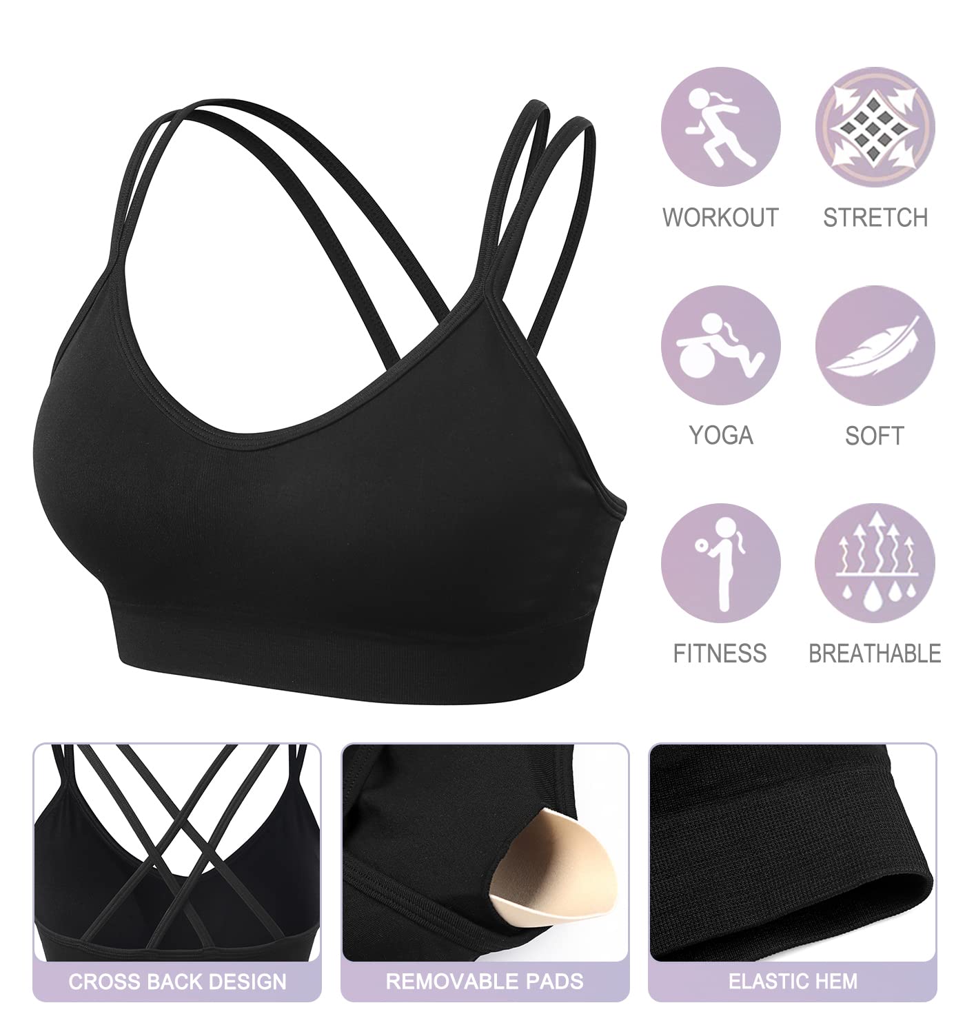 VEQKING Women's Cross Back Sports Bra 3 Pack - Padded Medium Support Yoga Bra for Workout, Fitness & Running - Breathable Strappy Design for Gym, Yoga & Active Lifestyle