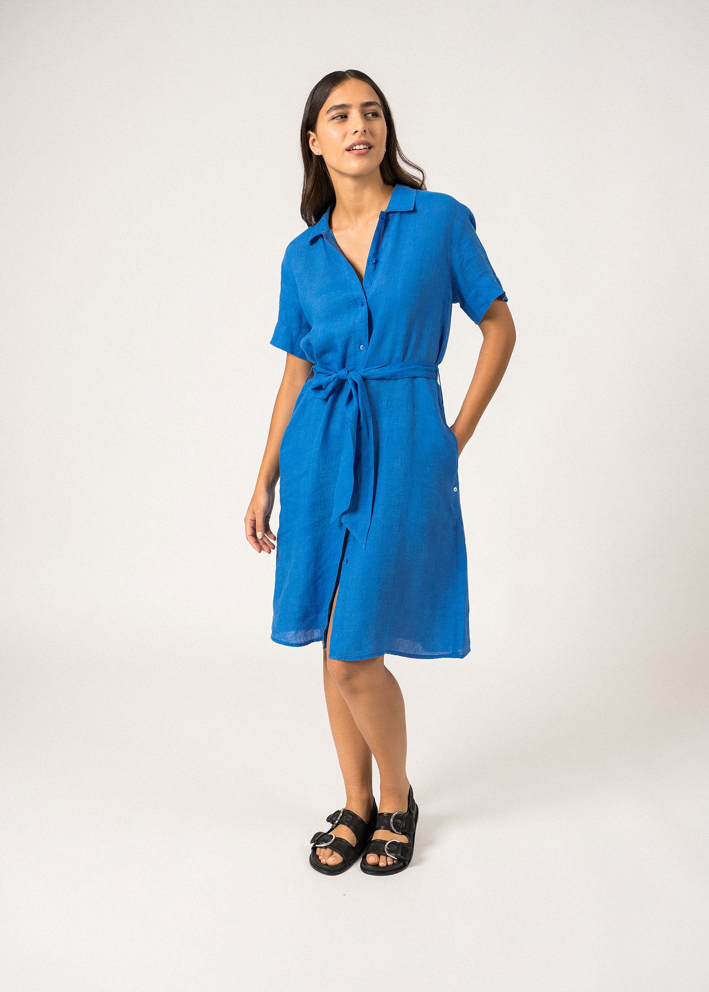 CHRISTINA Linen Shirt Dress for Women - Lightweight Blue Summer Dress with Pockets | Perfect for Beach, Office & Casual Outings