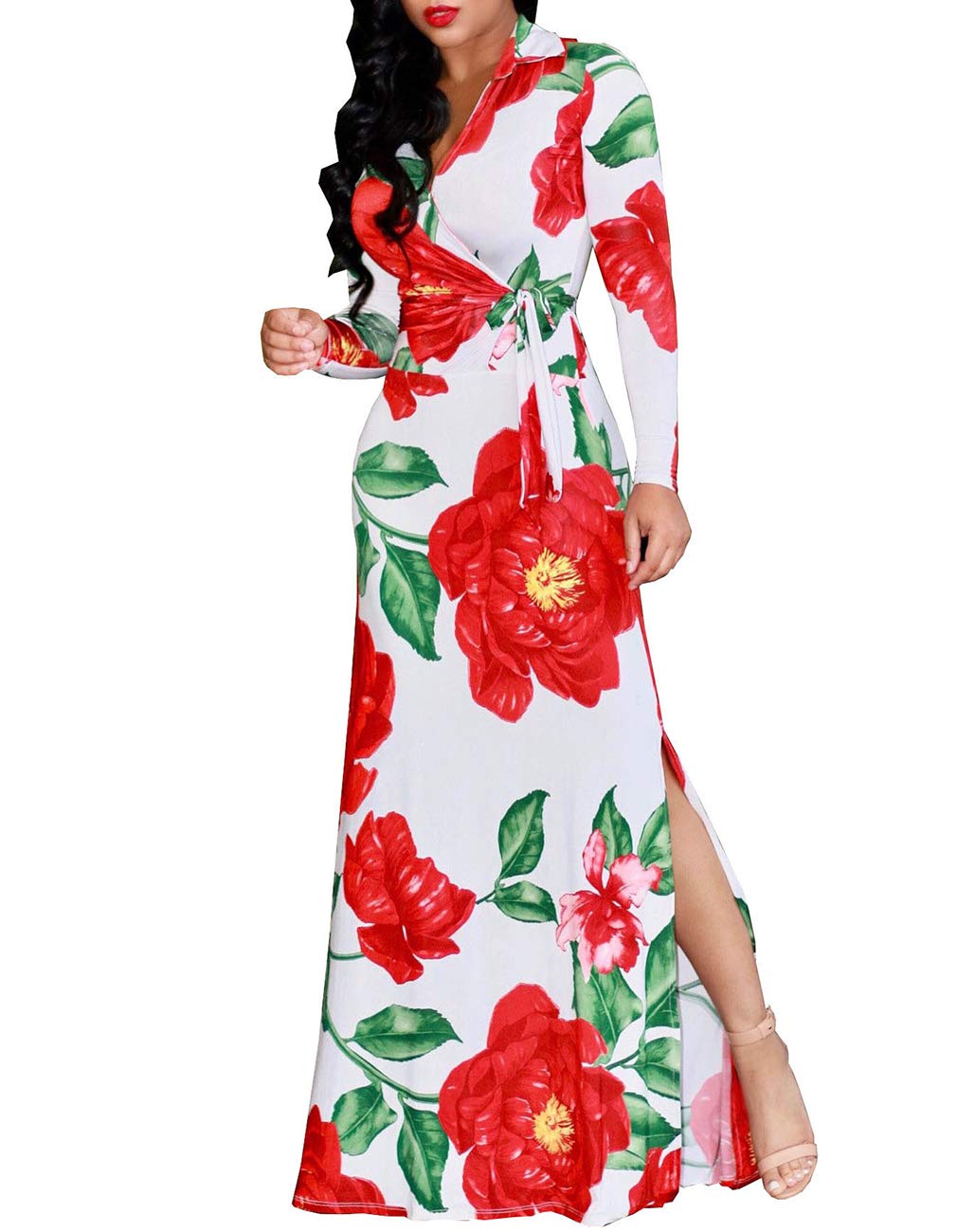Women's Sexy V-Neck Long Sleeve Floral Print Maxi Dress Plus Size - Elegant Evening Gown for Parties, Weddings & Date Nights
