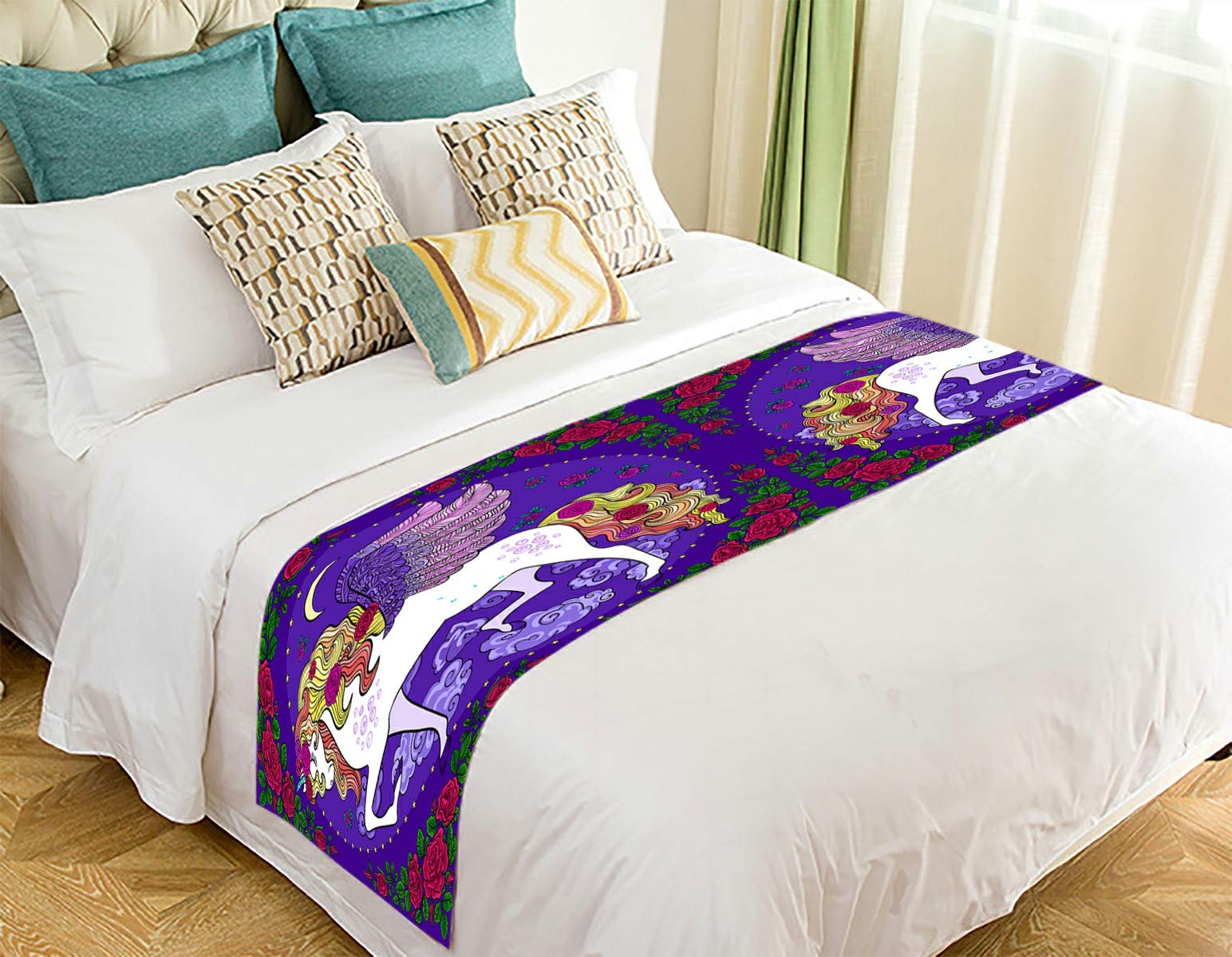 ECZJNT Beautiful Unicorn Floral Bed Runner - 20x95 Inch Decorative Bed Scarf for Girls' Room, Wedding Decor & Boho Bedroom Styling