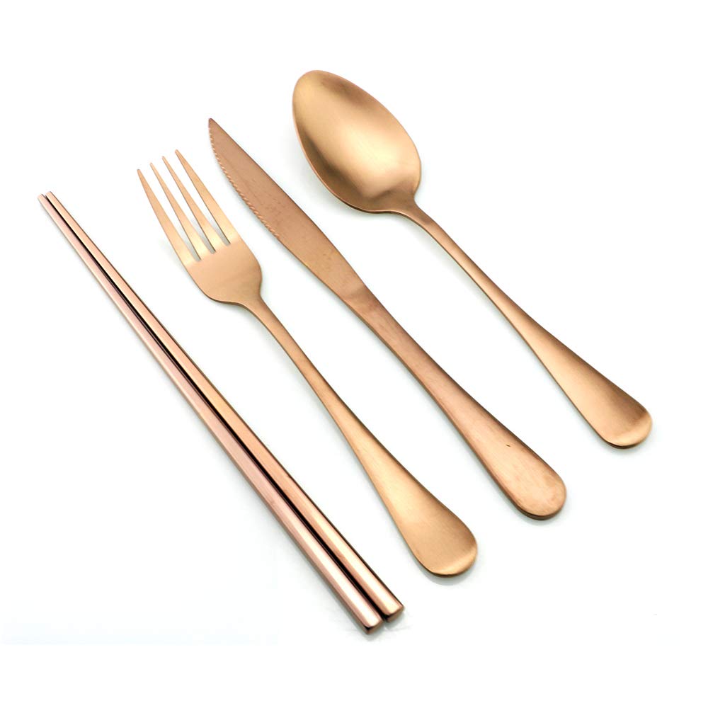 **Rose Gold Reusable Utensils Set with Travel Case – Portable Stainless Steel Cutlery (Knife, Fork, Spoon, Straw, Chopsticks) – Matte Finish for Camping, Hiking, Office Lunch & School Meals**
