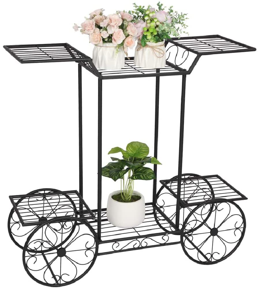BZZBZZ 6-Tier Metal Garden Cart Plant Stand with 4 Decorative Wheels - Indoor/Outdoor Plant Shelf for Home, Garden, Patio & Flower Shops - Perfect for Organizing Potted Plants, Herbs & Decor Items