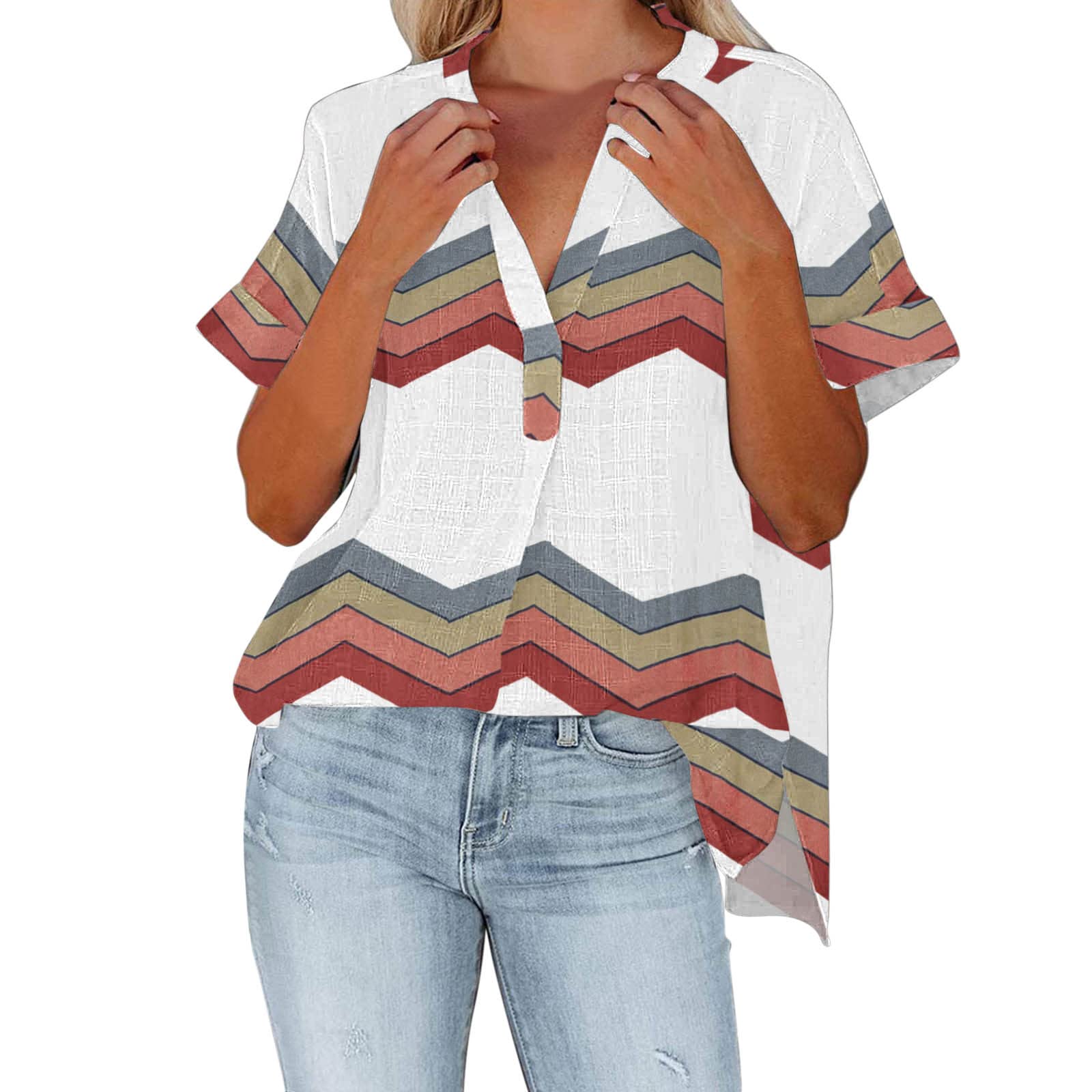 Floral Print V-Neck Short Sleeve Tunic Top for Women - Summer Casual T-Shirt with Side Split Design | Perfect for Beach Outings, Vacation Wear & Everyday Comfort