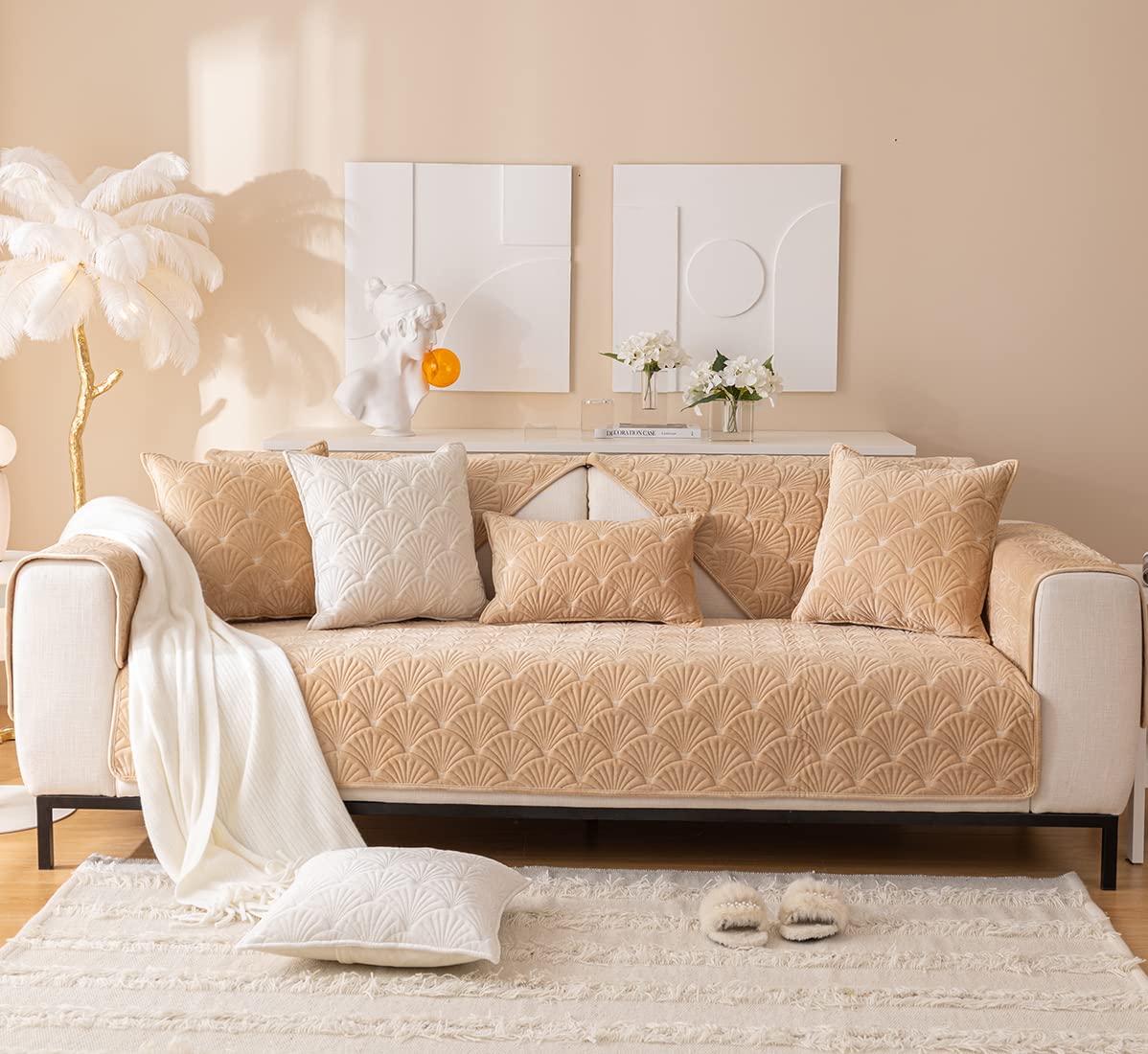 Super Soft Velvet Quilted Sofa Cover - Non-Slip Sectional Couch Slipcover with Leaf Pattern, Plush Furniture Protector for Pets & Kids (36