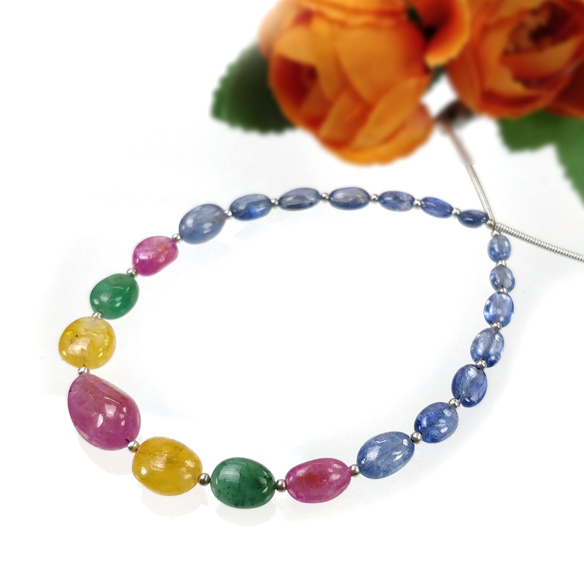 Natural Untreated Burmese Pink Blue & Yellow Sapphire Emerald Loose Beads - 41.00cts Oval Plain Nuggets (5*4mm to 13*8.5mm) for Jewelry Making, DIY Crafts & Gemstone Collection