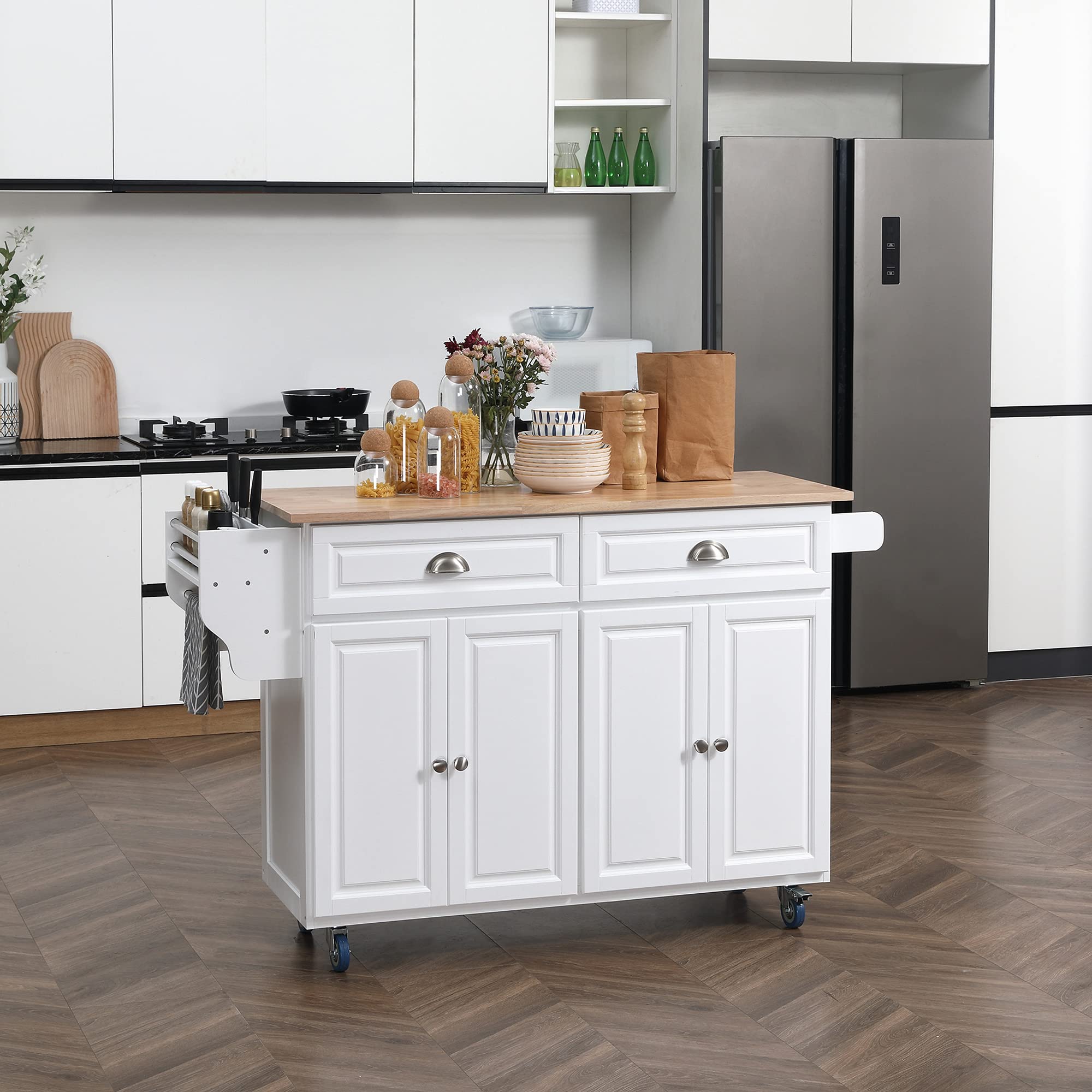 HOMCOM White Rolling Kitchen Island Cart with Drop Leaf, 2 Drawers & 2 Storage Cabinets - Mobile Kitchen Cart with Rubber Wood Top for Small Space - Perfect for Kitchen, Dining Room, Food Prep & Extra Storage