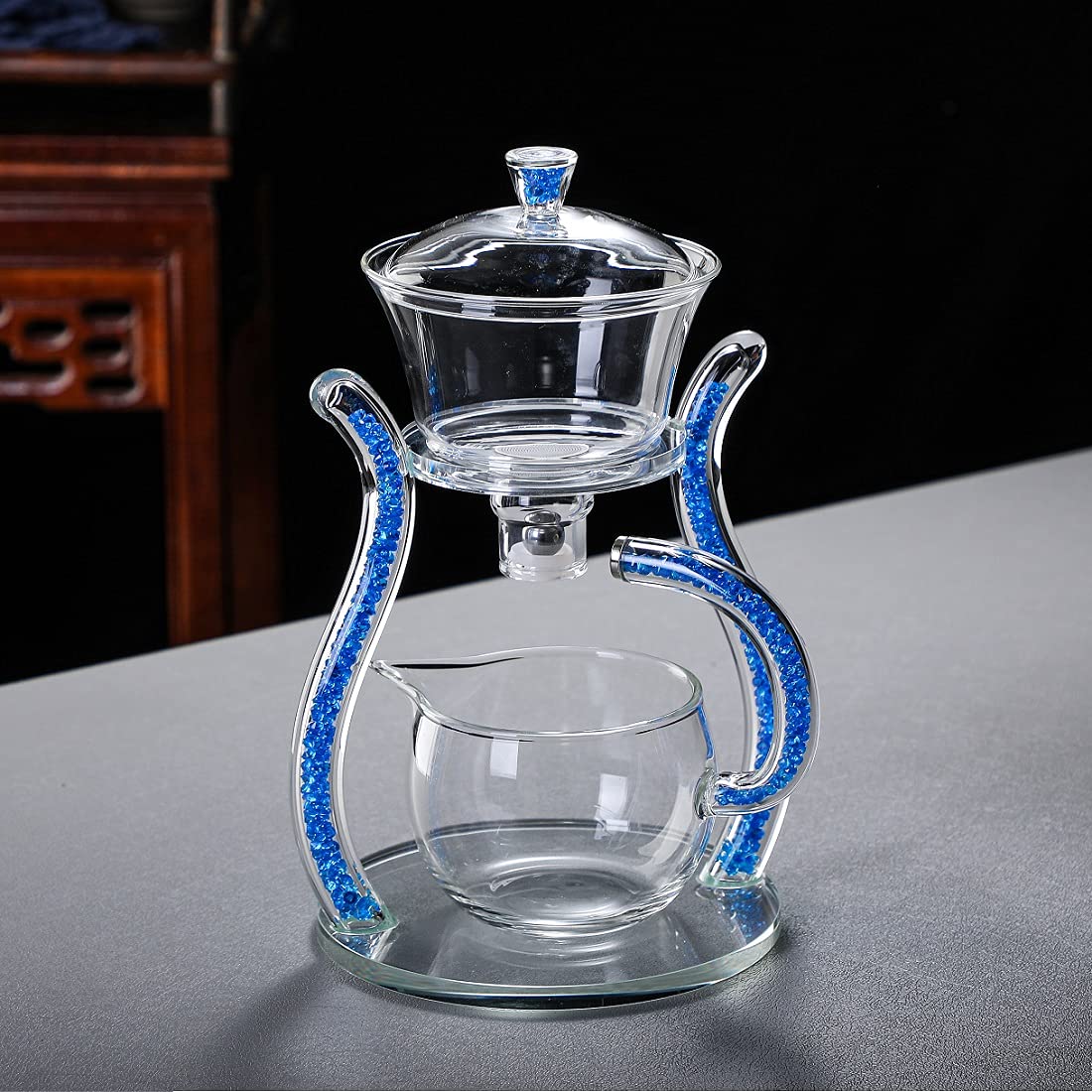 RORA Semi-Automatic Rotating Glass Teapot Set with Infuser - Kungfu Tea Maker for 6 Cups - Perfect for Home, Office & Gift Giving - Elegant Lazy Tea Brewing Experience