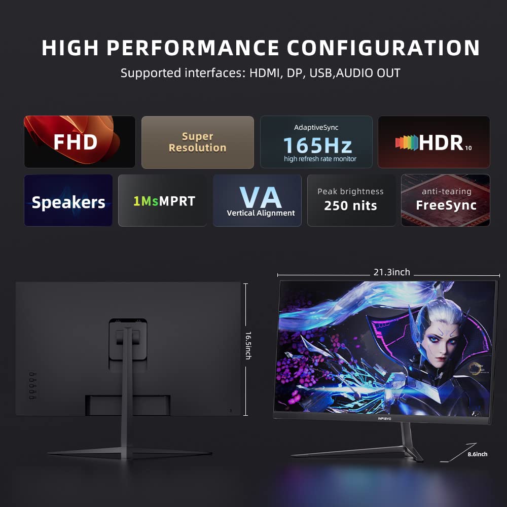 24 Inch Gaming Monitor FHD 1080P 165Hz 1ms Response - VA Panel with FreeSync, Built-in Speakers & Eye Care - Ultra Thin VESA Mountable PC Monitor for Esports & Work (HDMI/DP, Tilt Adjustable) - Perfect for Competitive Gaming & Home Office Setup