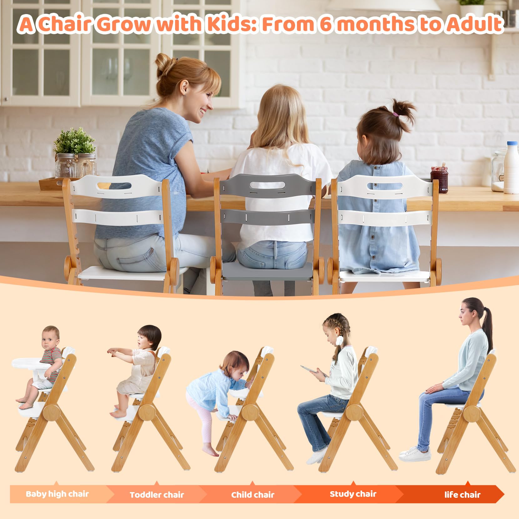 Ezebaby Adjustable Wooden High Chair for Babies & Toddlers - Foldable, Convertible with Cushion & Double Layer Tray - White - Perfect for Dining, Feeding & Learning at Home