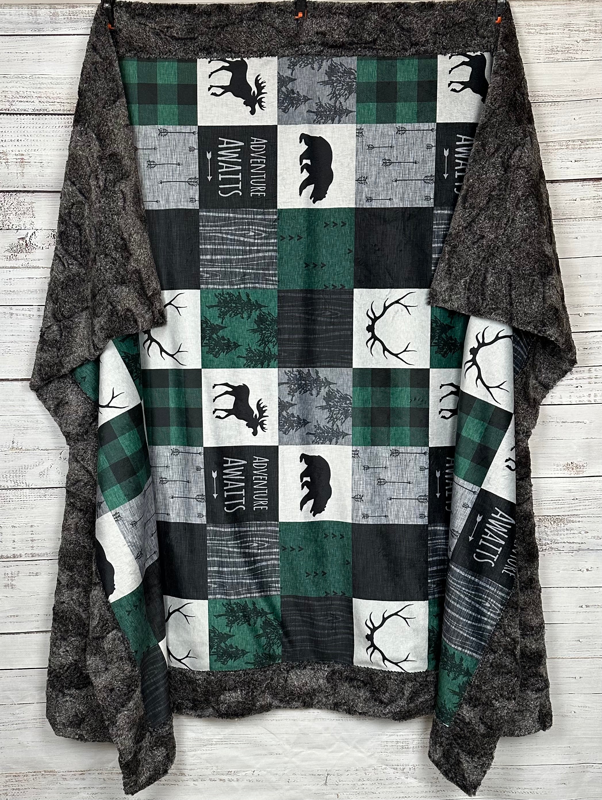 Premium Adventure Awaits Patchwork Minky Blanket - Green, Black & Gray on Heather Gray - Ultra Soft 55