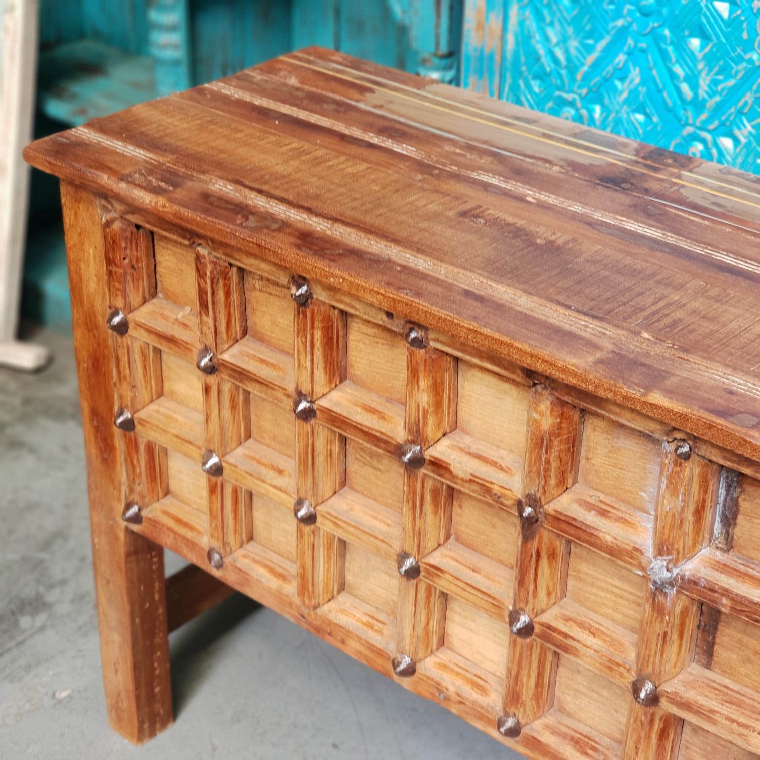 Handmade Carved Solid Hardwood Console Table with Iron Fittings - Rustic Entryway Table for Hallway, Living Room & Farmhouse Decor
