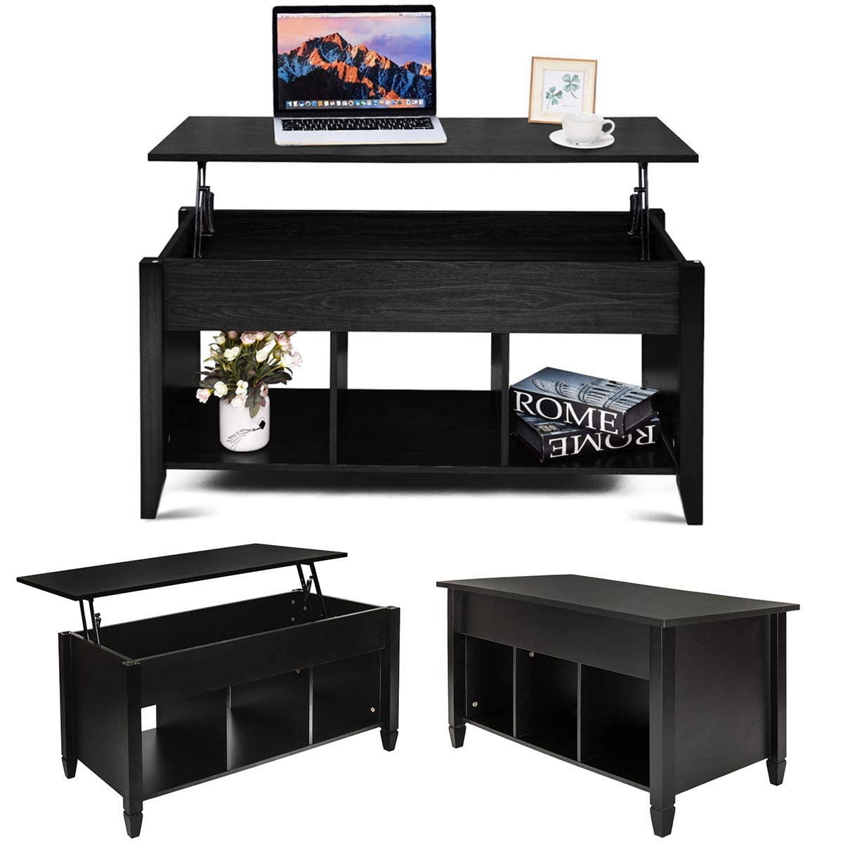 Modern Lift Top Coffee Table with Hidden Storage - Solid Wood Living Room Furniture, Convertible Desk & Shelf - Black - Perfect for Small Spaces, Home Office & Entertaining