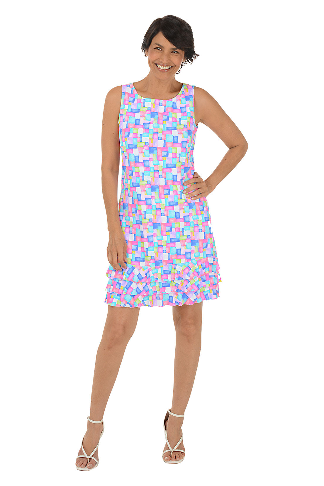 UPF50+ Sun Protection Ruffle Dress for Women - Colorful Cubes Cooling Summer Dress for Beach, Pool & Outdoor Activities