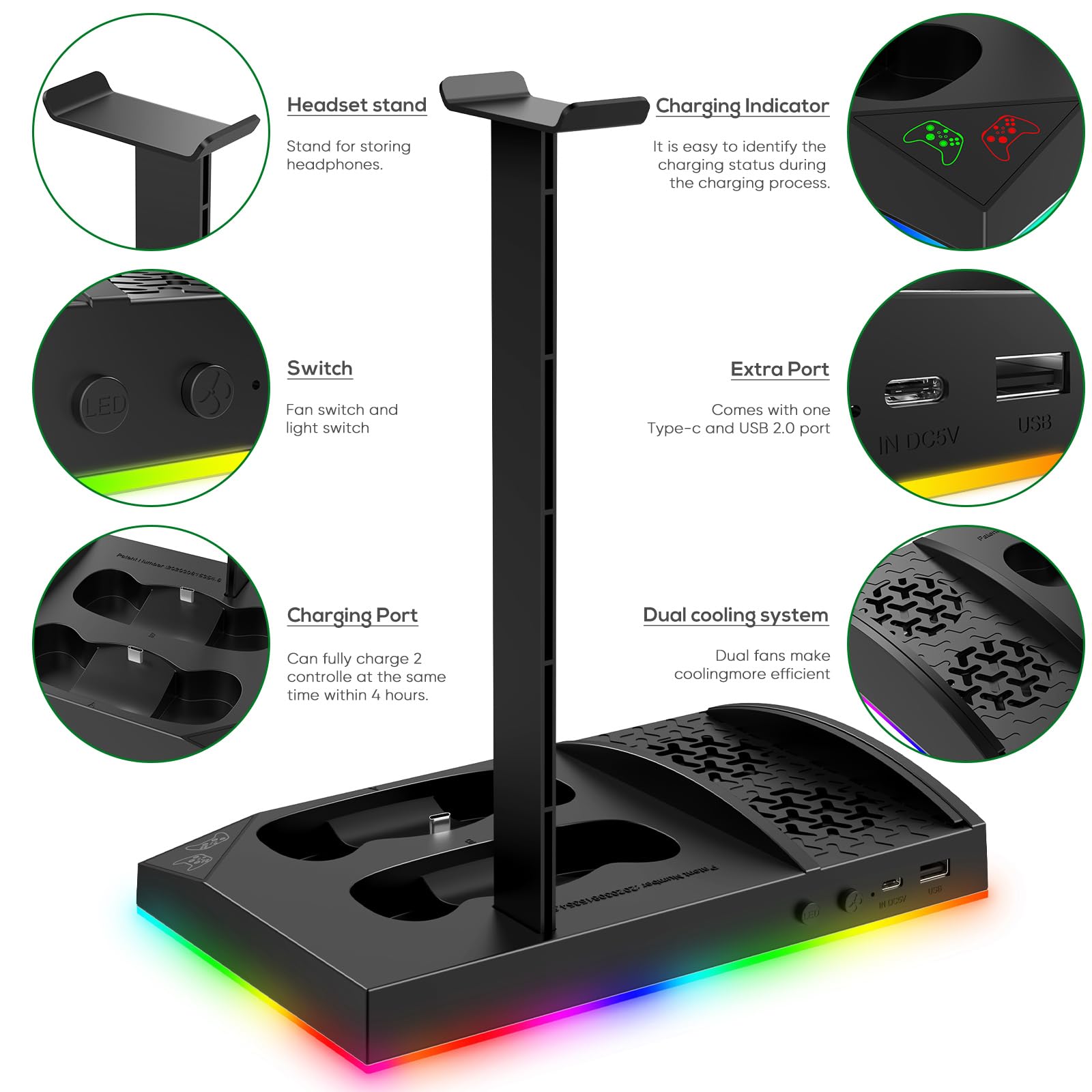 Xbox Series S Charging & Cooling Fan Stand - Dual Controller Charger Station with 15 LED Light Modes, Headset Hook & USB C Cable - 1400mAh Battery Cooler System for XSS (Black) | Perfect for Gaming Sessions & Console Protection