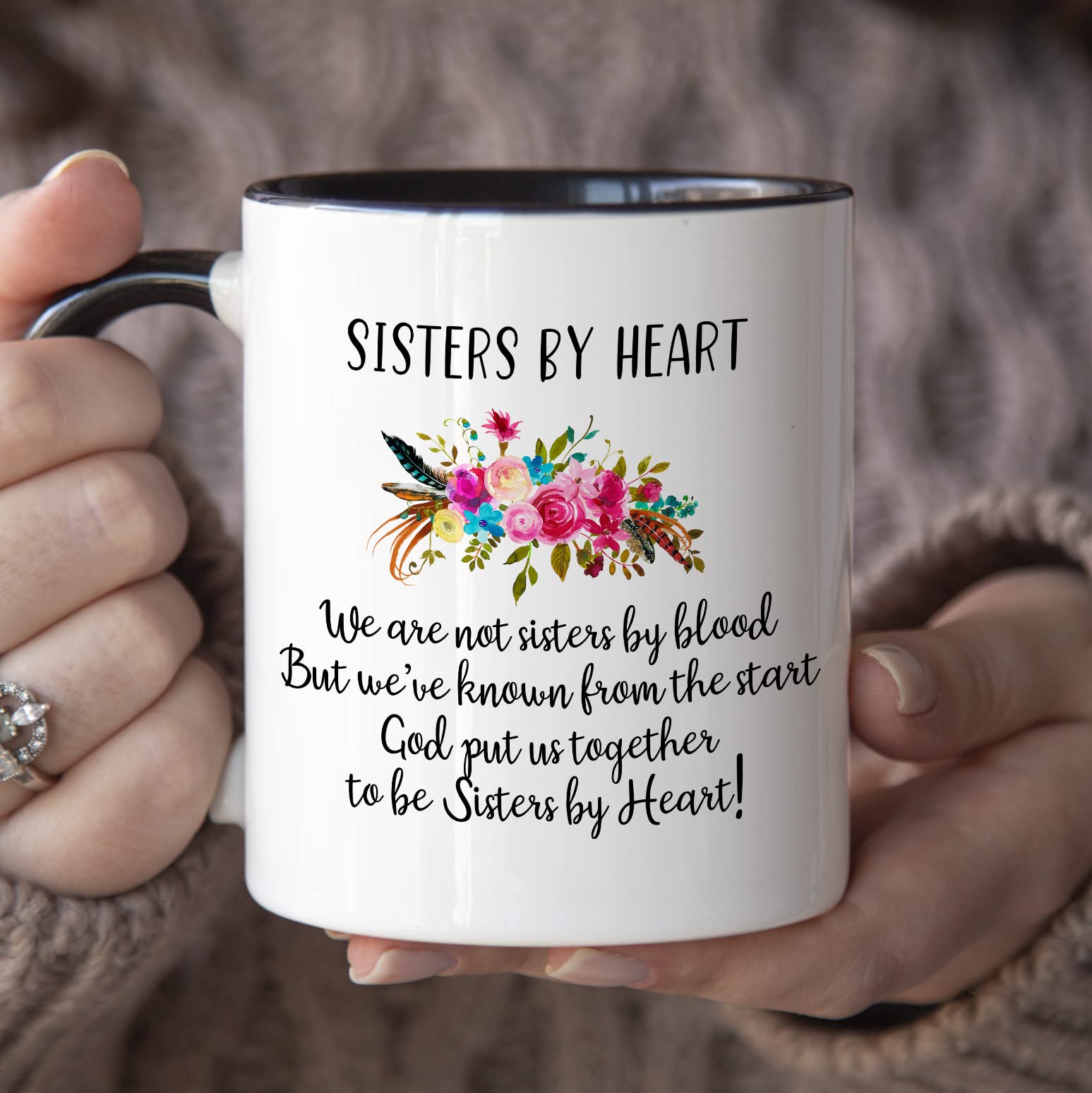 YouNique Designs Not Sisters by Blood but Sisters by Heart Mug - 11oz Ceramic Coffee Cup for Unbiological Sisters, Soul Sisters & Best Friends (Black Handle) - Perfect for Birthday Gifts, Sisterhood Celebrations & Coffee Lovers