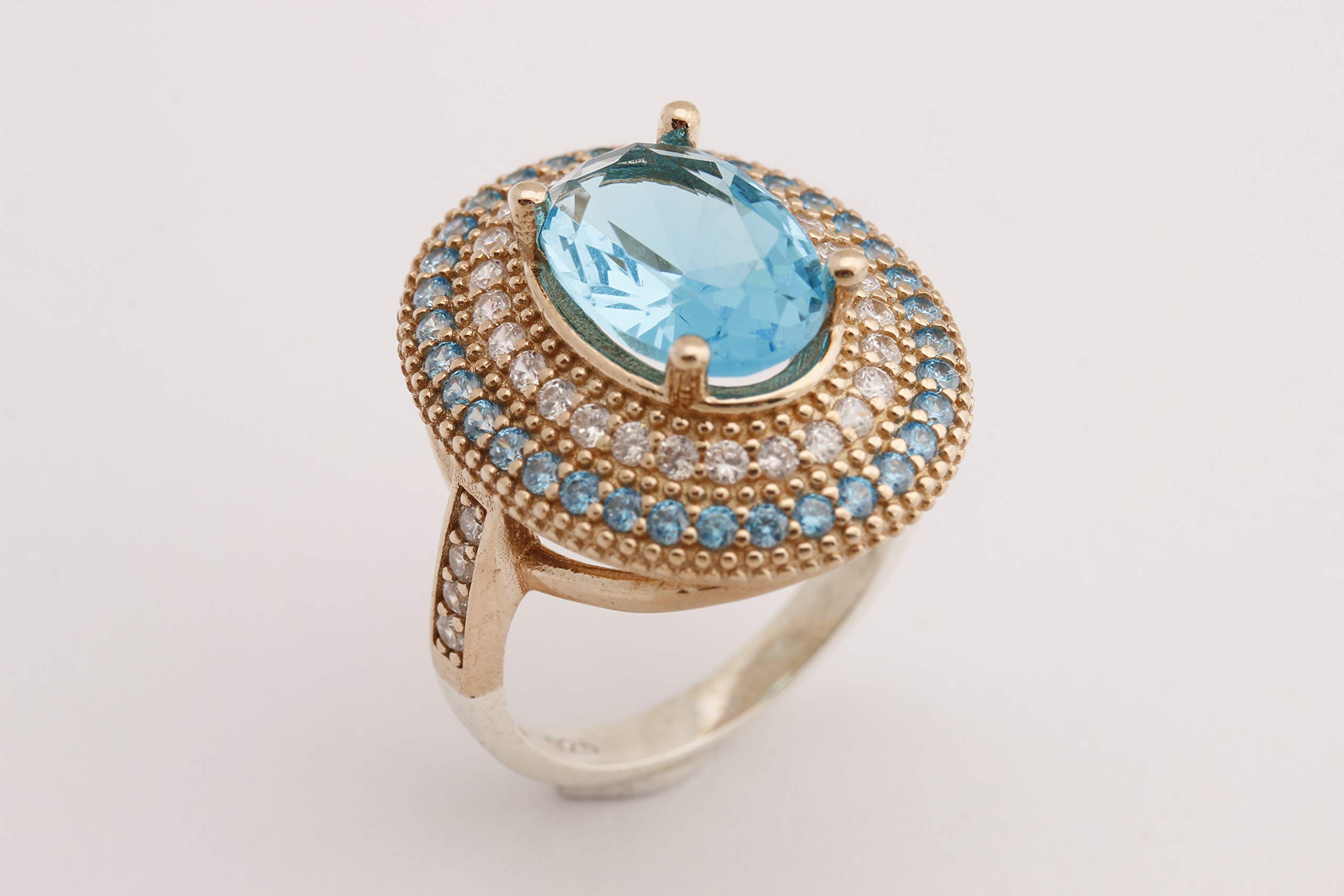 Handmade Turkish 925 Sterling Silver Ring with London Blue Topaz & Round Cut Topaz - Oval Shape Jewelry for Women - Perfect for Weddings, Parties & Everyday Wear (All Sizes Available)