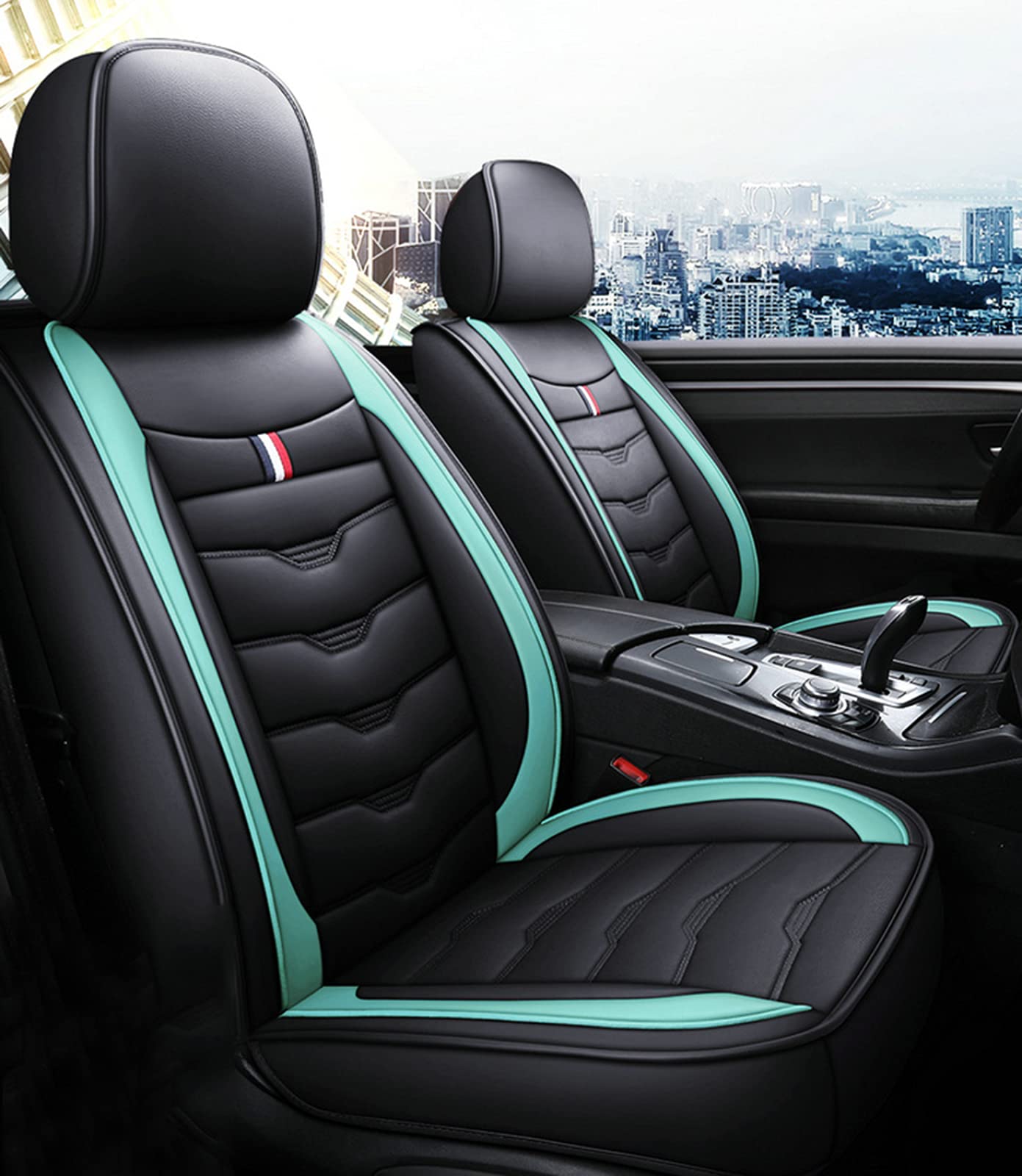 JHFR West Leathers 5-Piece Waterproof Faux Leather Car Seat Covers Set - Universal Fit for Sedan, SUV, Truck - Black & Green Auto Interior Accessories | Perfect for Road Trips, Daily Commutes & Vehicle Protection